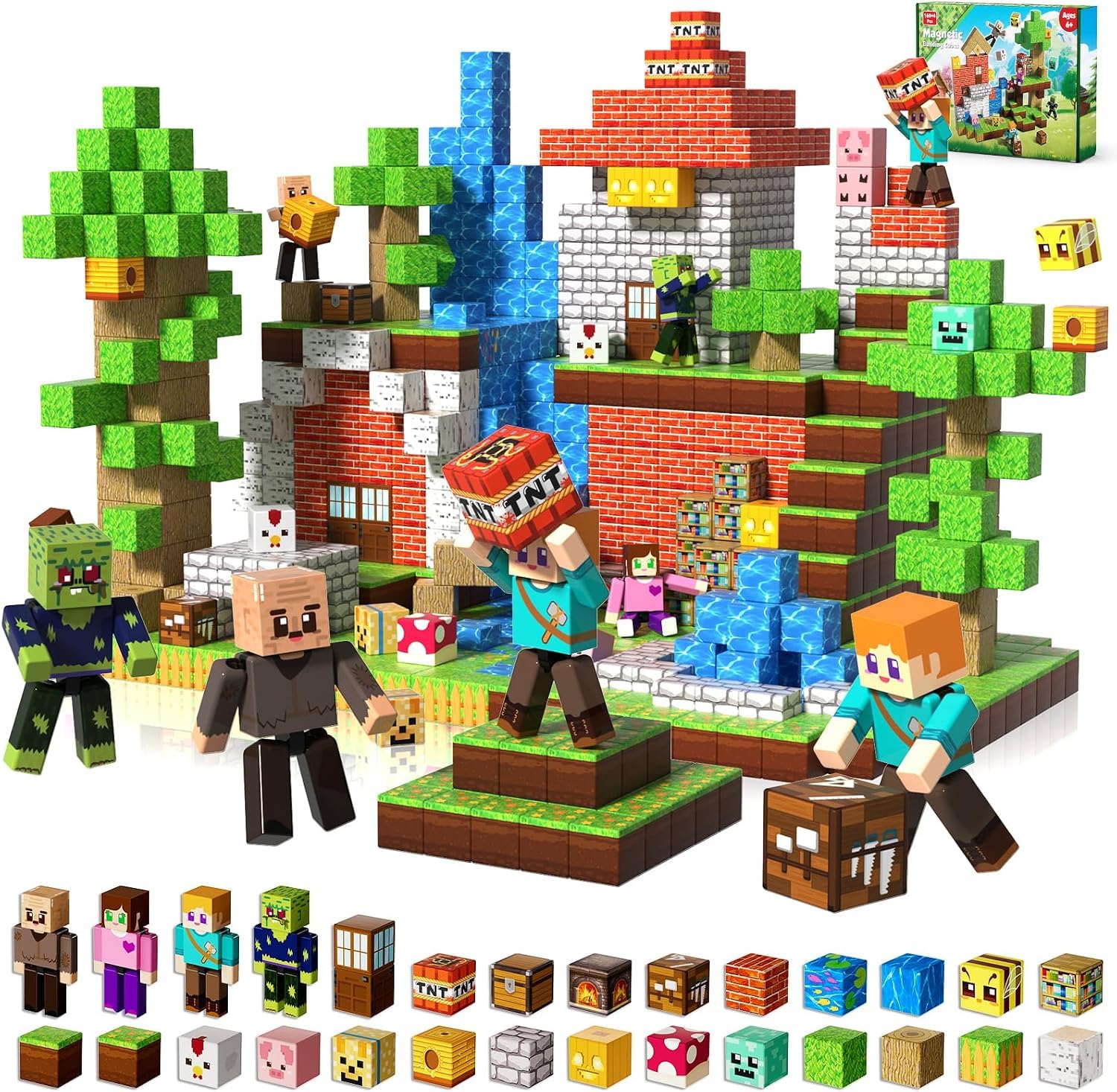 164 Pezzi Blocchi Magnetici - Set Avventura nella Foresta Magica con Funghicasa, Zucca Luminoasa & 4 Personaggi | Costruzioni Magnetiche per Bambini