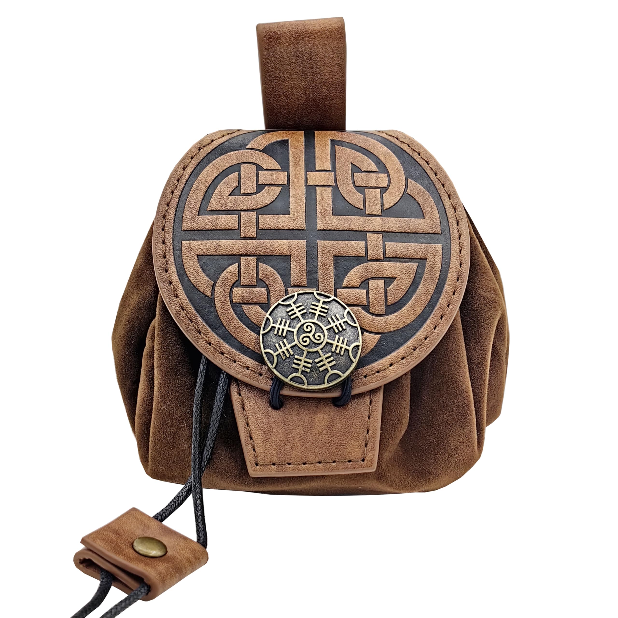 Medieval Viking Faux Leather Pouch Drawstring Nordic Renaissance Coin Purse Dice Bag for Unisex Costume Accessories (Celtic knot Brown A)