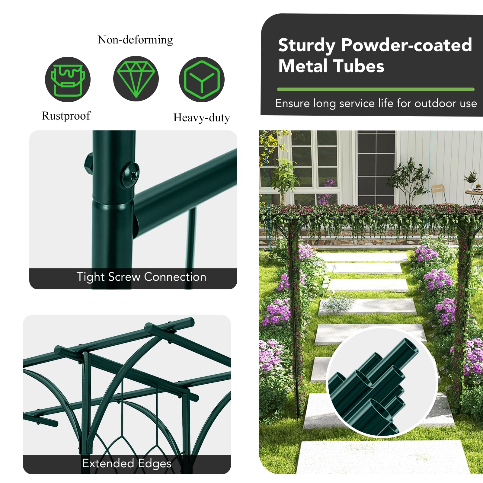 HOMASIS Arco de Rosas de jardín de Metal, Pérgola para Plantas trepadoras, Enrejado Arco para Boda, jardín, Fiesta, Pérgola Cuadrada Alta Resistencia Ayuda Flores Enrejado, 205x52x205cm (Verde)