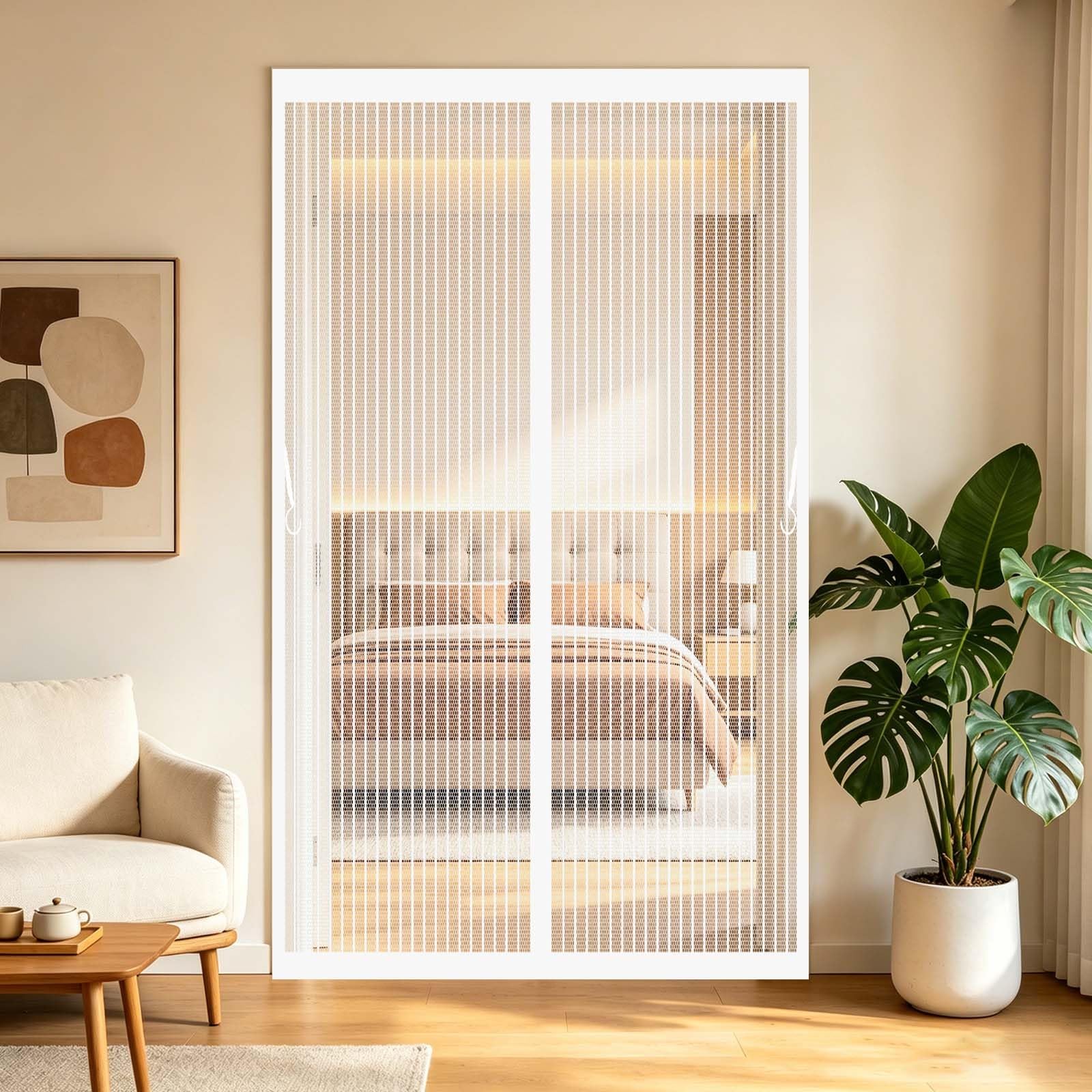 Fly Screen Door 137 x 219 cm Full Frame Magic Tape, Magnet Silent Closure, No Punching Back Door Fly Screen Curtain Magnetic Auto Close Insect Curtain for Front Back, White