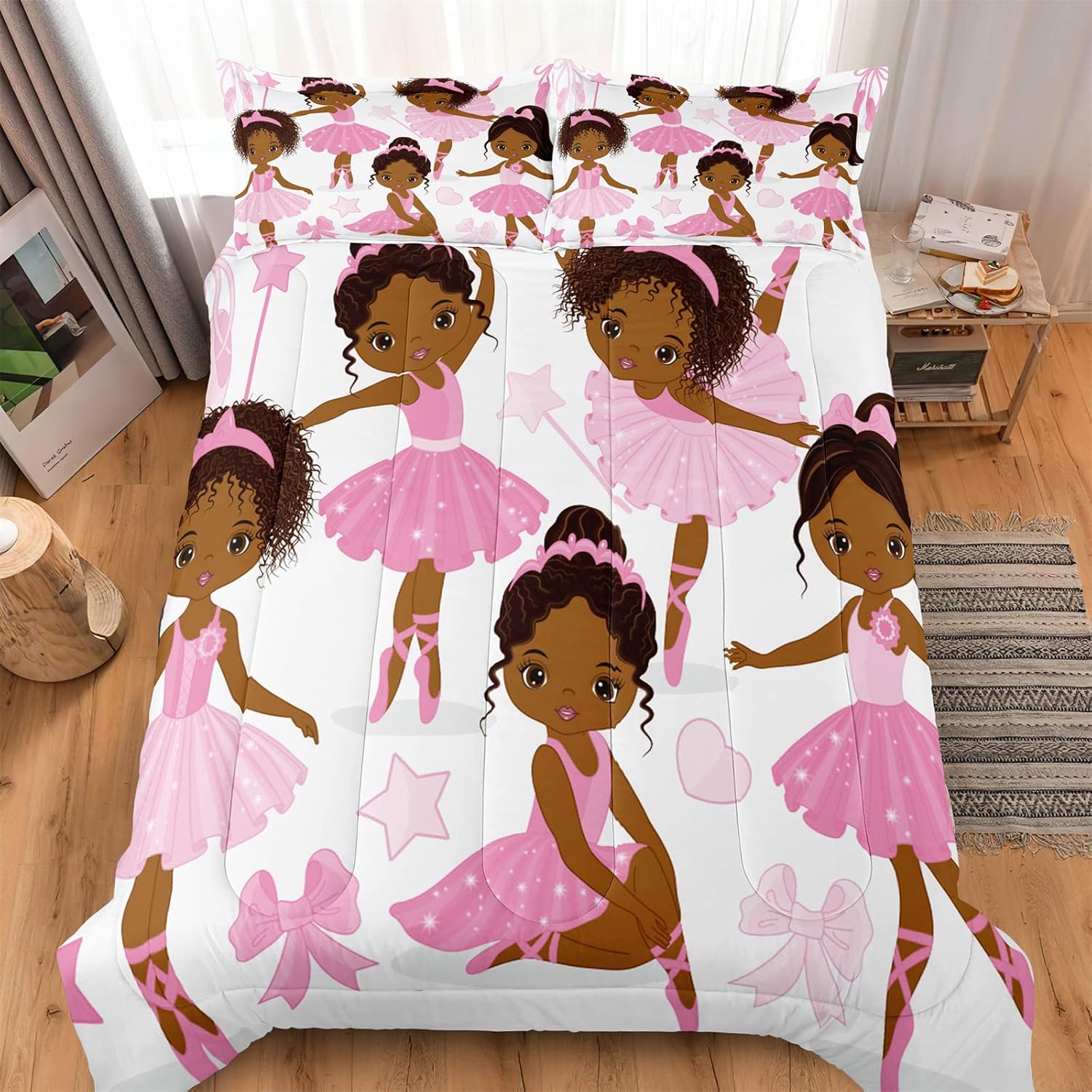 Twin Bedding Sets for Girls, African American Magic Comforter Set with Ballet Dancer, Pink Bed Set for Toddler Kids Teens, Little Girls Bedroom Decor - Image 3