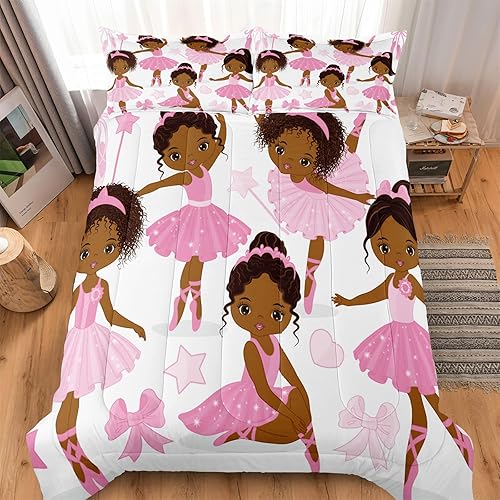 Miniatura 5 de Juego de ropa de cama Queen para niñas, juego de edredón mágico afroamericano con bailarina de ballet, juego de cama rosa para niños pequeños,