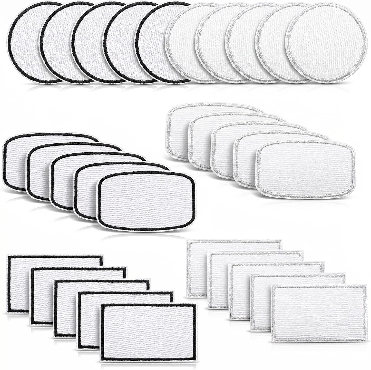 30 Pcs Sublimation Patches Blank Iron on Patches 3 Shapes Round Rectangle Repair Embroidery Sublimation Blank for DIY Crafts Custom Caps Clothes Bags Uniforms Backpack (White + Black Frame)
