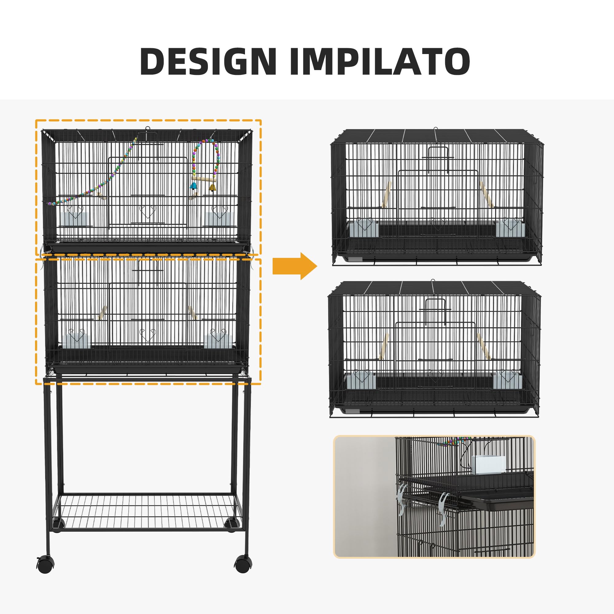PawHut Gabbia per Uccelli in Acciaio e PP, Design Impilato con Posatoi, Altalene e Scalette, 77x46x164 cm, Nero