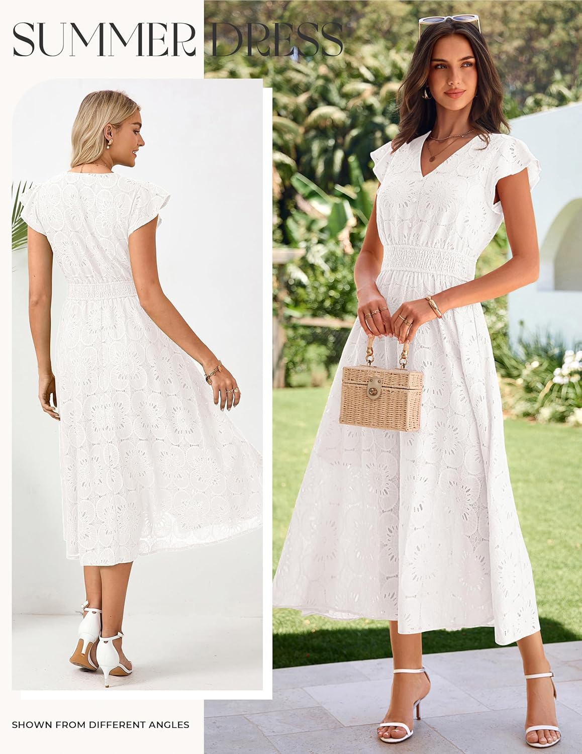 GRACE KARIN Women 2026 Summer Midi Dress,Ruffle Sleeve V Neck Smocked Eyelet Dresses,Flowy A Line Beach Vacation Dresses - Image 2