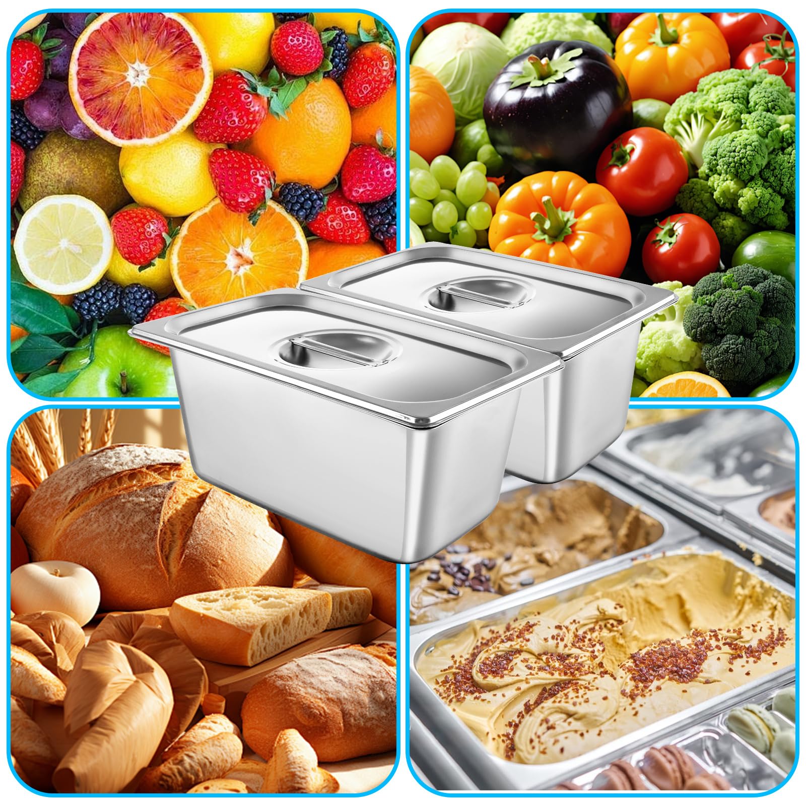 YAYODS Gastronorm - 2 recipientes de acero inoxidable con tapas, recipientes profundos para alimentos, color plateado, 325 x 175 x 150 mm, 2 unidades