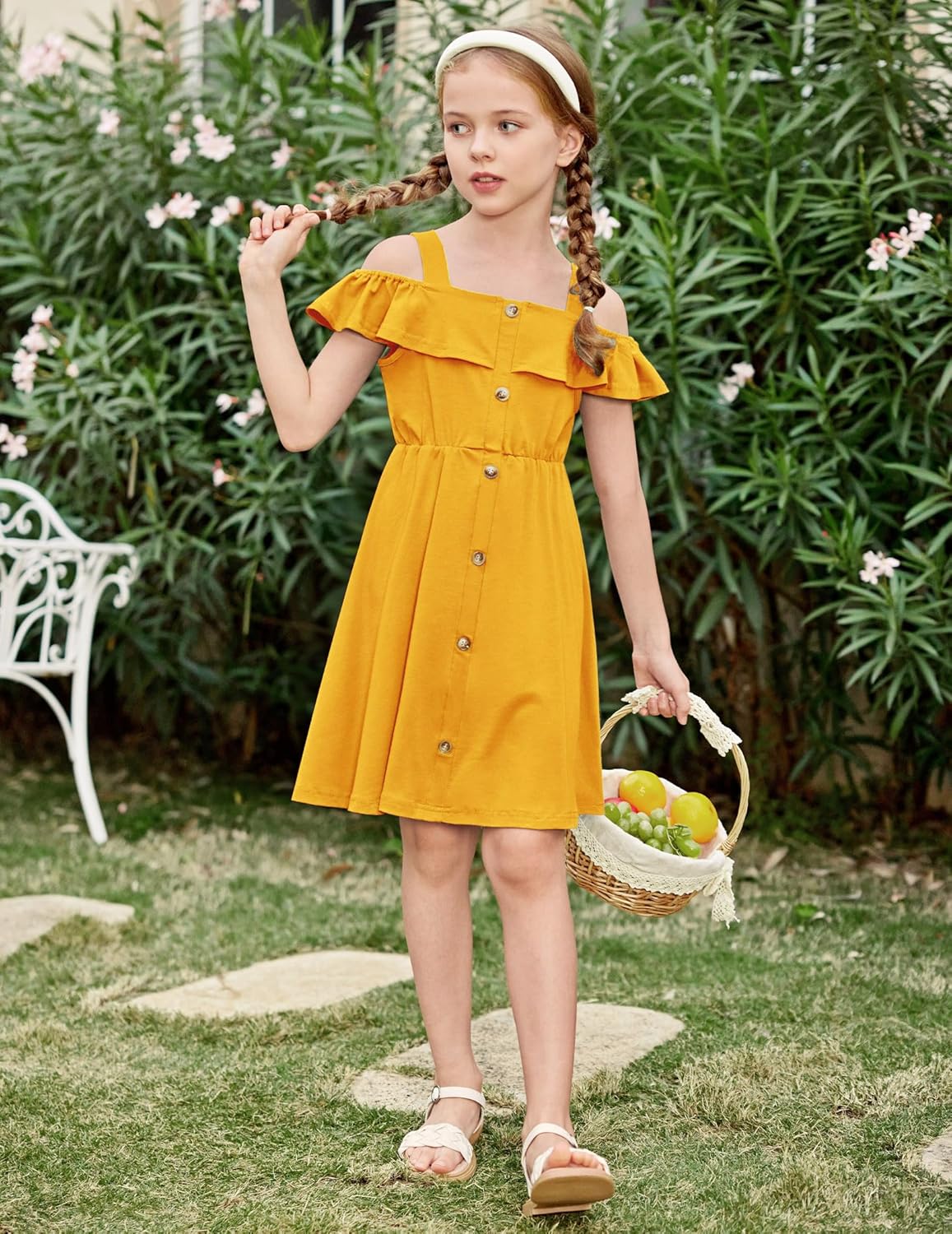 Arshiner Girls Dresses Summer Spaghetti Strap Cold Shoulder Ruffle Button Down A Line Dresses - Image 2