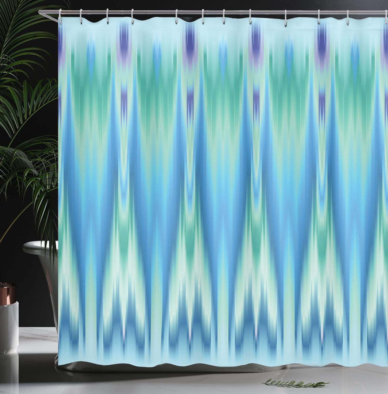 Ambesonne Teal Shower Curtain, Colorful Design Pattern Ikat Style Tie Illustration Vertical Geometric Lines, Cloth Fabric Bathroom Decor Set with Hooks, 69" W x 70" L, Green Blue