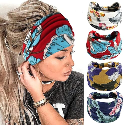 FULZTEY Diademas bohemias para mujer, banda ancha para el cabello con diseño vintage, bandana de tela elástica para la cabeza para yoga, correr,