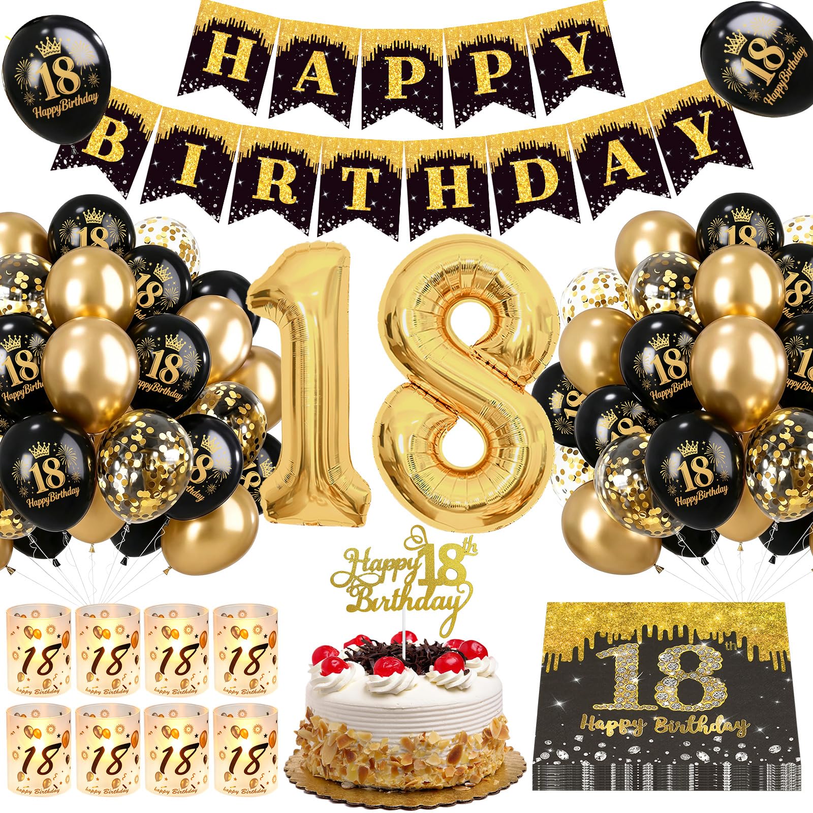 18. Geburtstag Junge Deko, Schwarz Gold Luftballons 18 Geburtstag Junge | Deko 18. Geburtstag mit 8 Windlicht Tischdeko, Zahl 18, Happy Birthday Banner, Servietten,18 Geburtstagsdeko Party Supplies