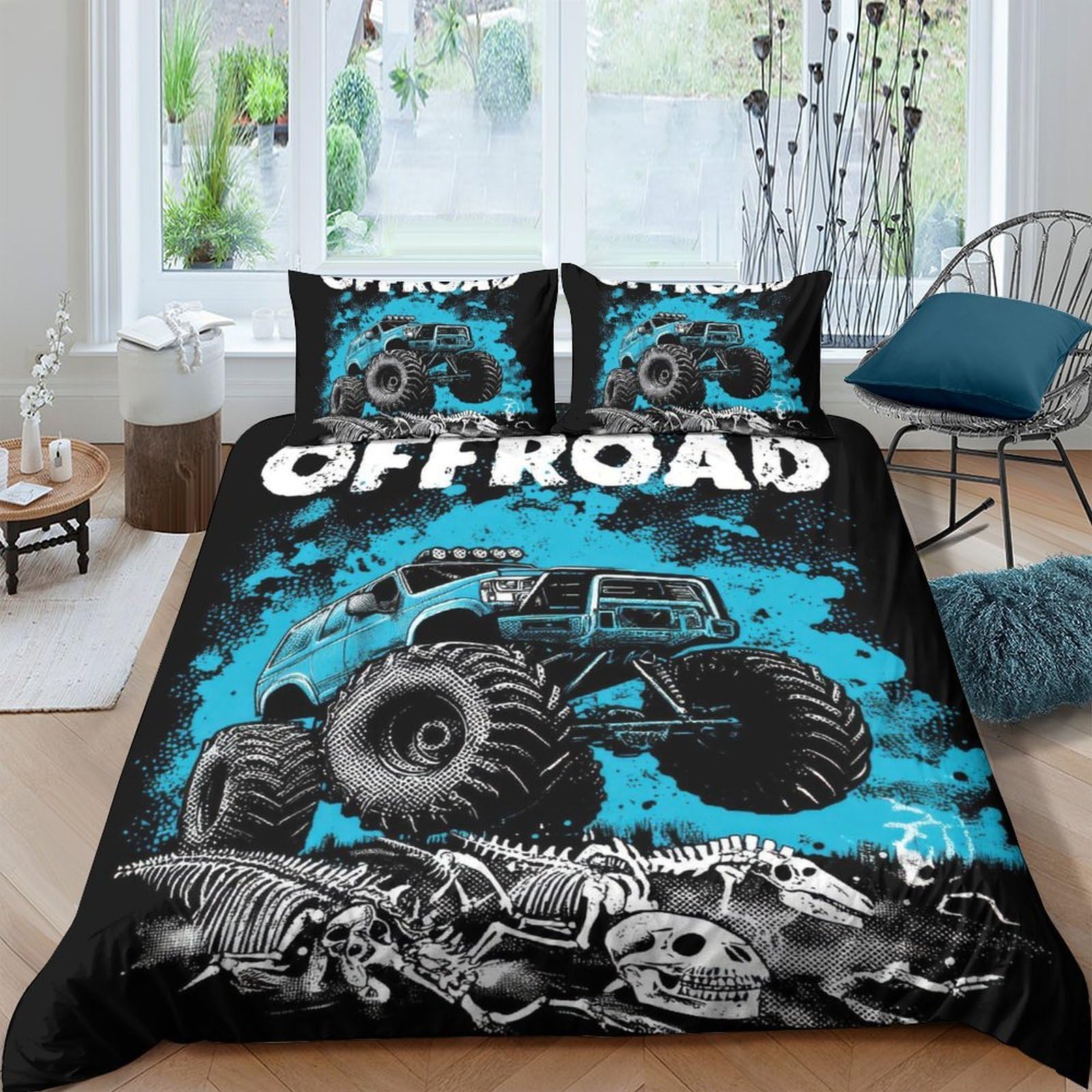 GPLZQXKJNH 3D Printed Monster Truck Offroad Duvet Cover Set Microfiber Black Blue Bedding Set with 2 Pillowcases for Bedroom Home Decor Single（135x200cm）