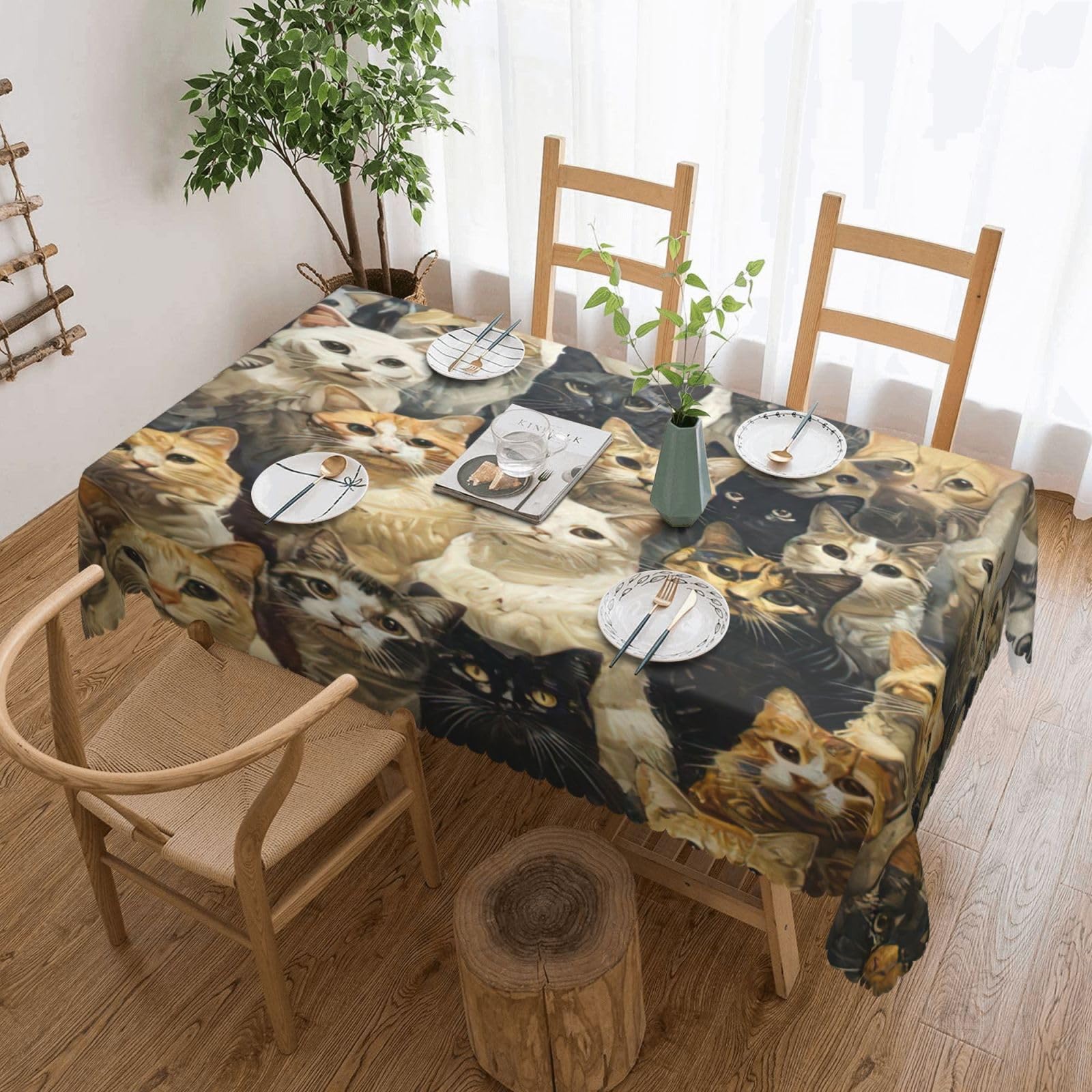 Nappe rectangulaire lavable motif chat pour masquer l'usure de votre table