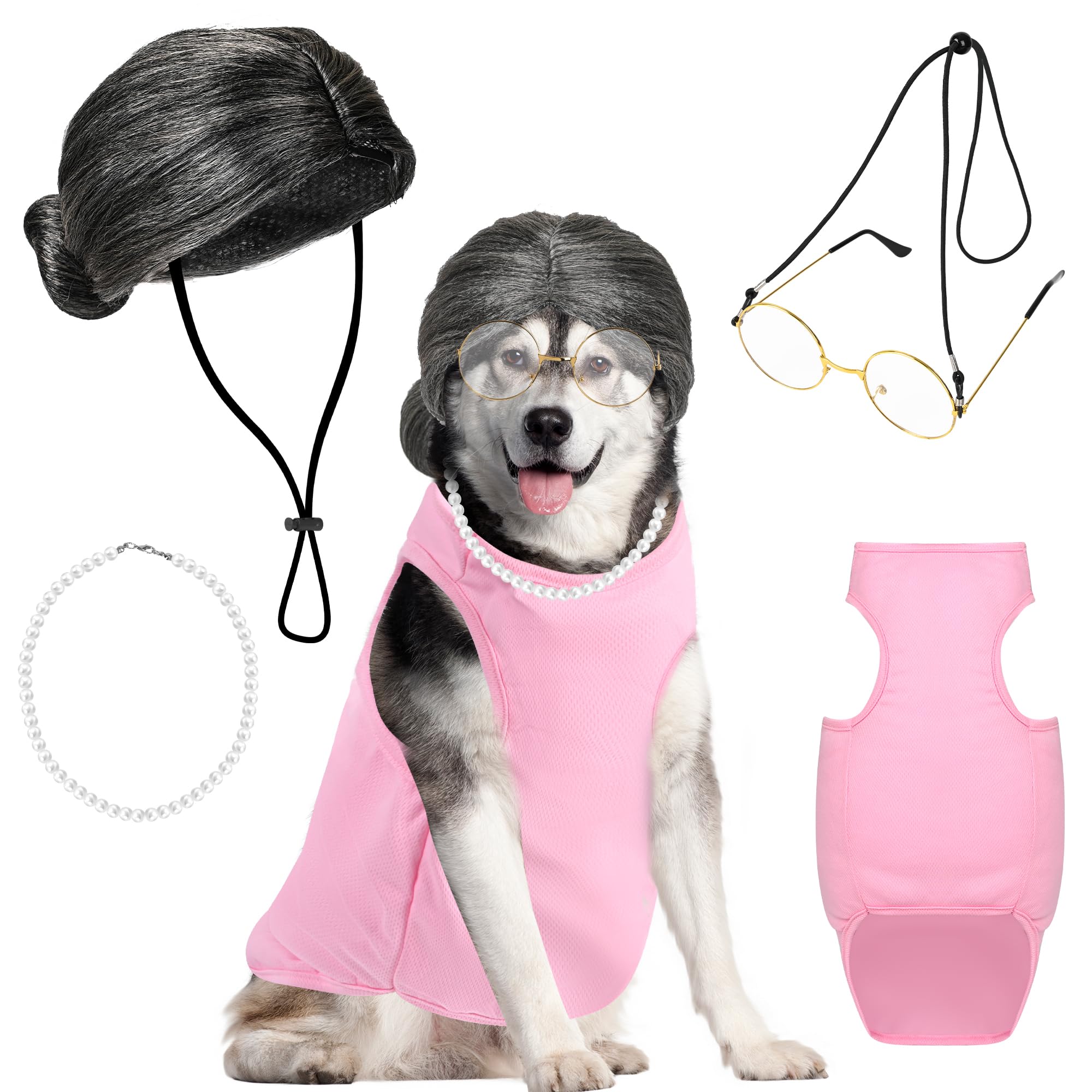 4-Piece Old Lady Dog Costume Set - Grandma Dog Costume with Pink Dress, Glasses, Wig & Necklace for Halloween Pet Party Cosplay