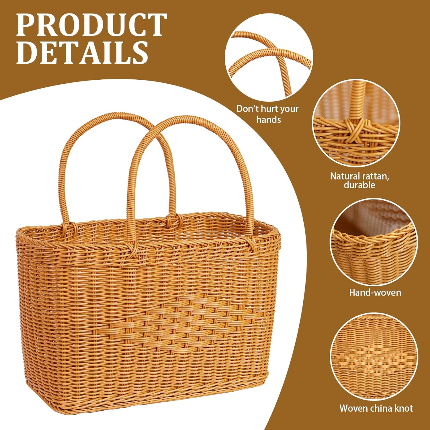 Big Picnic Basket-40cm Diameter with Handles Handmade Plastic Rattan Woven Basket Multifunctional Woven Storage Basket, Storage Basket for Camping,Shopping, Market, Birthday, Wedding,Picnic, Party - Image 5