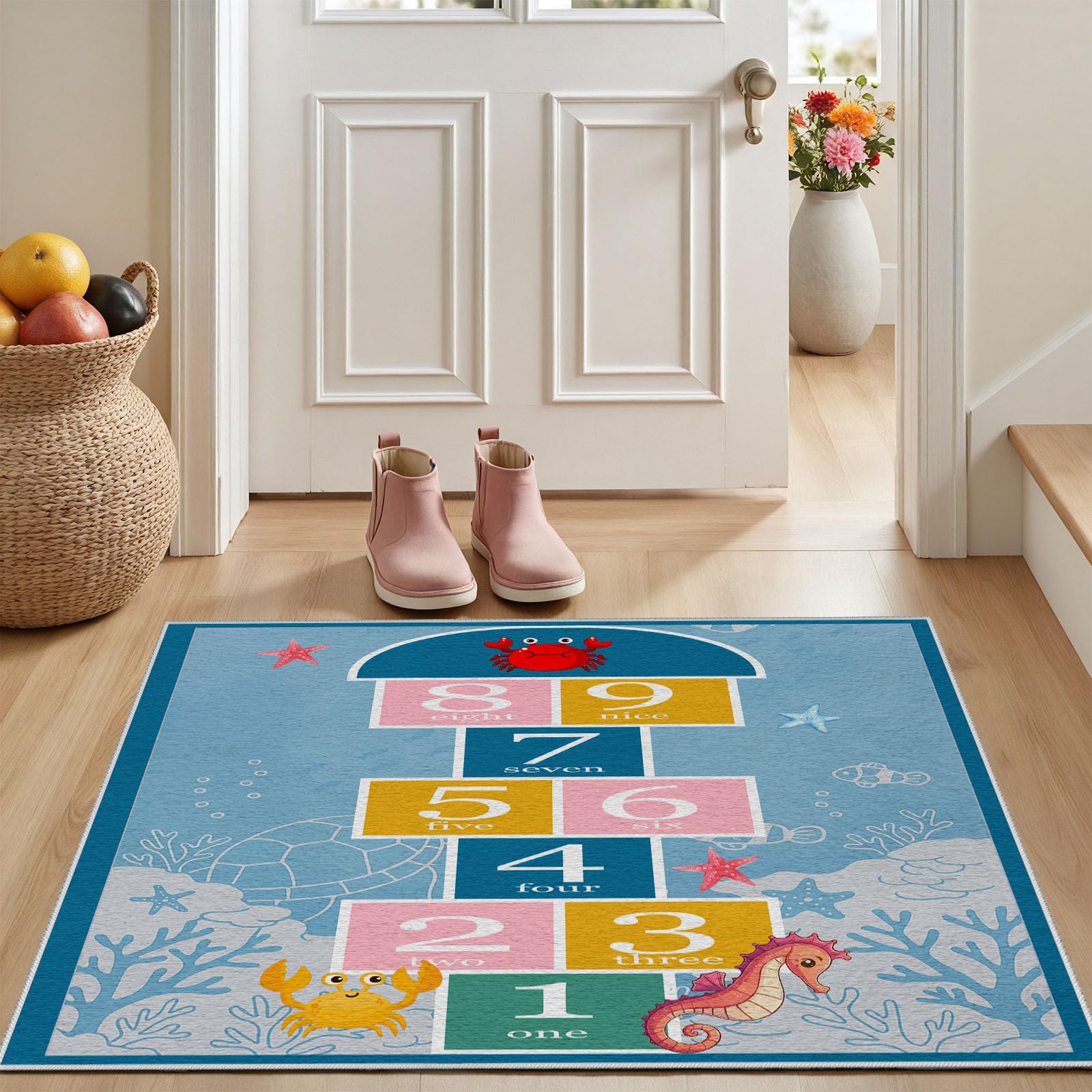 Hüpfspiel Meer Teppich Schlafzimmer 120x180 cm, Zahlen Hopscotch Waschbarer Antirutschmatte Teppiche Kinderzimmer Seepferdchen Carpet Weich für Wohnzimmer Jugendzimmer