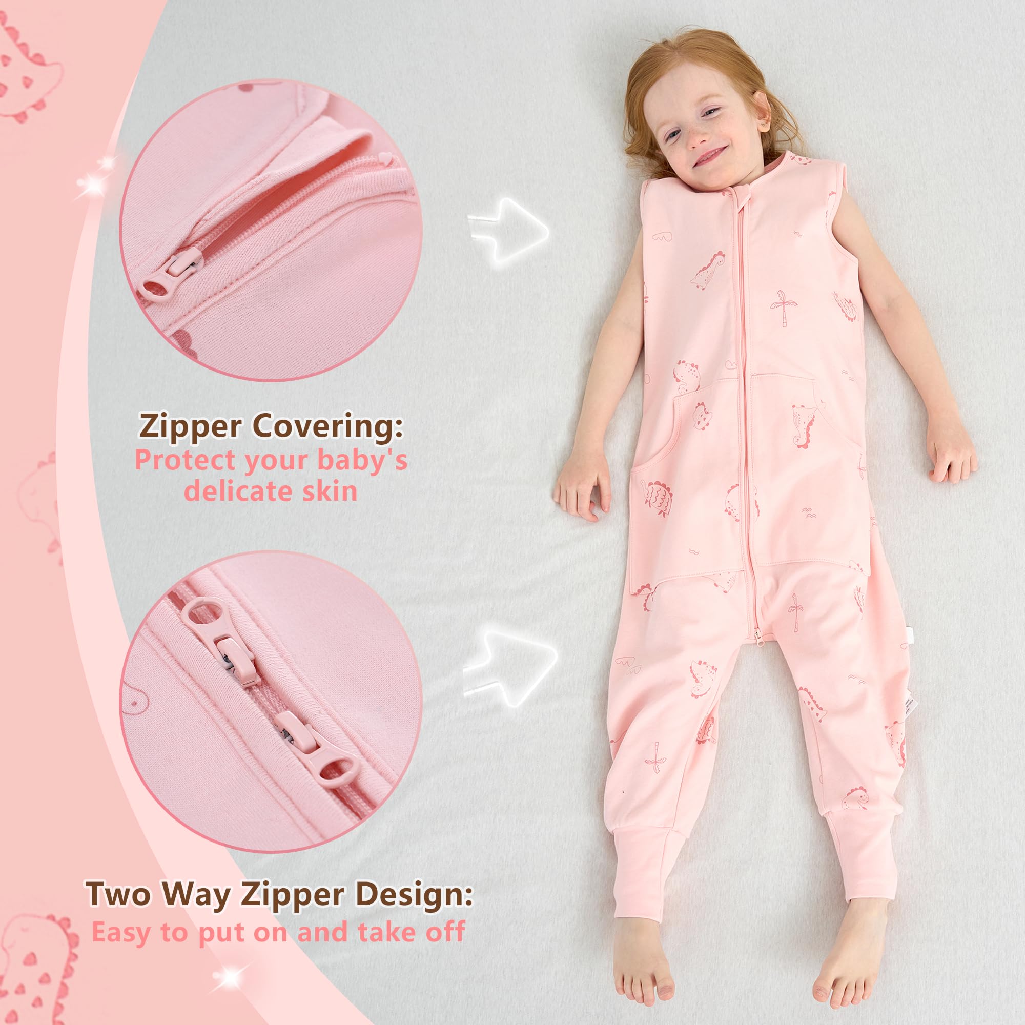 LAT Toddler Sleep Sack with Fee 0.5 Tog,Unisex Cotton Baby Sleeping Bag with Legs,All Season Sleeveless Sleep Sack with Pockets For Girls & Boys,100% Cotton,2-Way Zipper(Pink Dinosaur,1-2Years) - Image 4