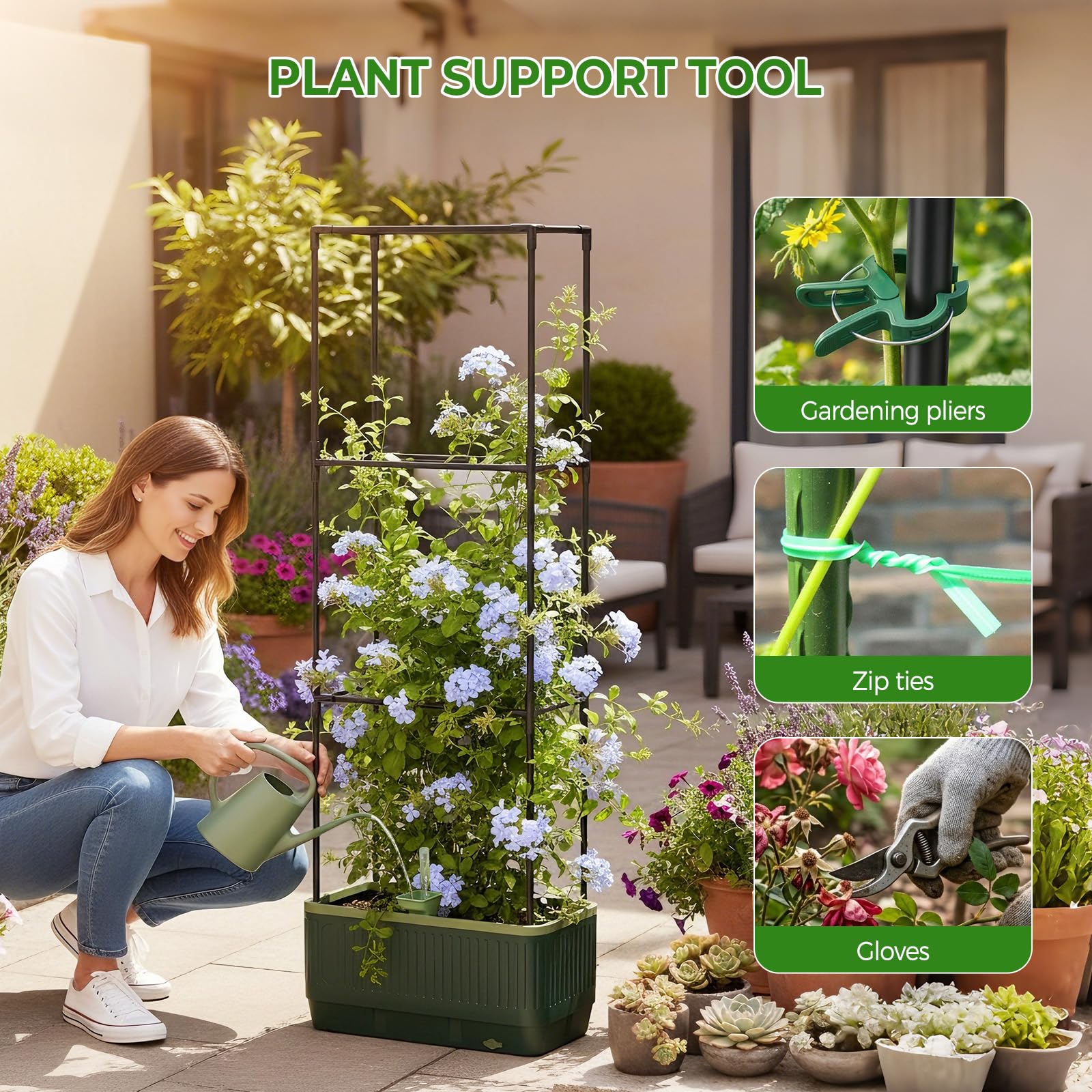 MQUPIN 2 pezzi Fioriera rialzata da giardino con traliccio,fioriera a gabbia per pomodori, aiuolarialzata con traliccio, per rampicanti, verdure piante, auto-irrigante