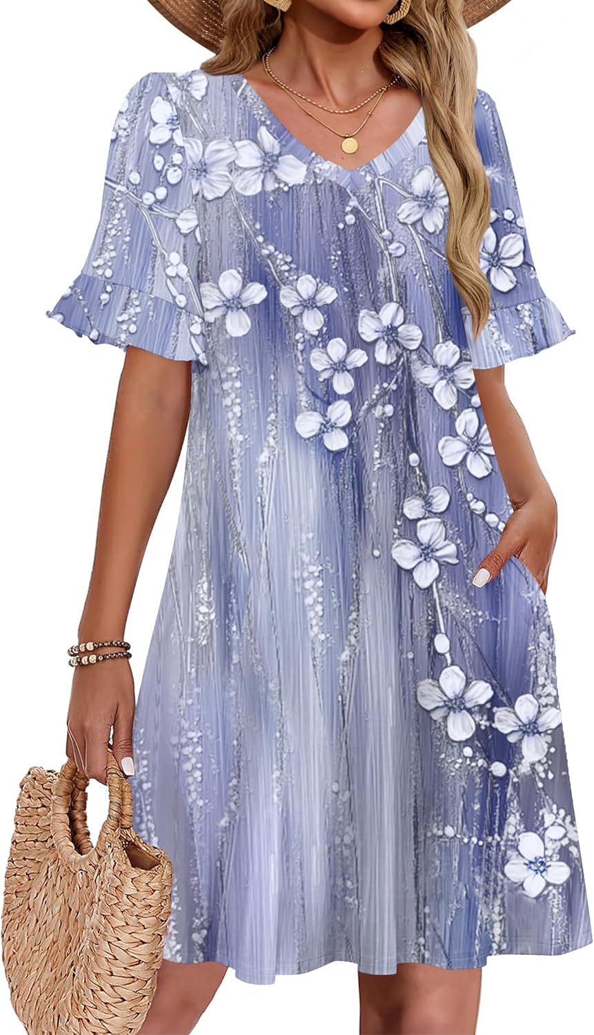 Zeagoo Summer Casual Dresses for Women A Line Sun Dress Ruffle Short Sleeve V Neck Floral Tshirt Dress with Pockets - Image 2