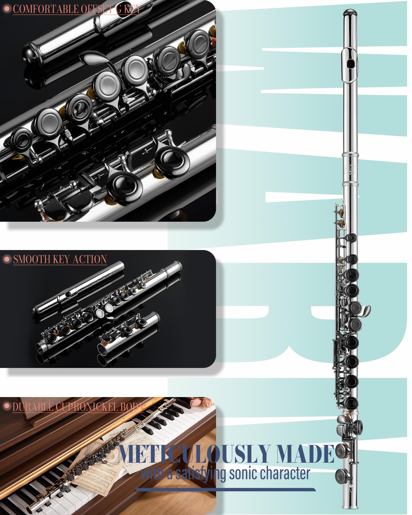 AKLOT Flûte de concert en Do à trou fermé avec 16 touches, G décalé, touches lisses en nickel argenté, coussinets hermétiques, étui rigide en cuir élégant, kit de nettoyage, support, graisse pour