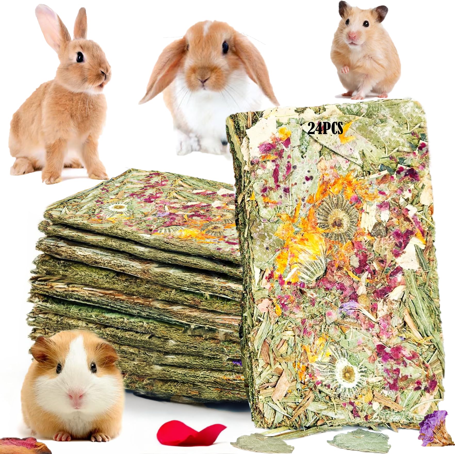 Kaninchenspielzeug, Meerschweinchen, Leckereien, Timothy, Heu-Kauspielzeug, Chips mit Kräuterblumen, Hamster-Snacks, Chinchillas, Rennmäuse für Zähne, Apfelstöcke, süßer Bambus, 24 Stück