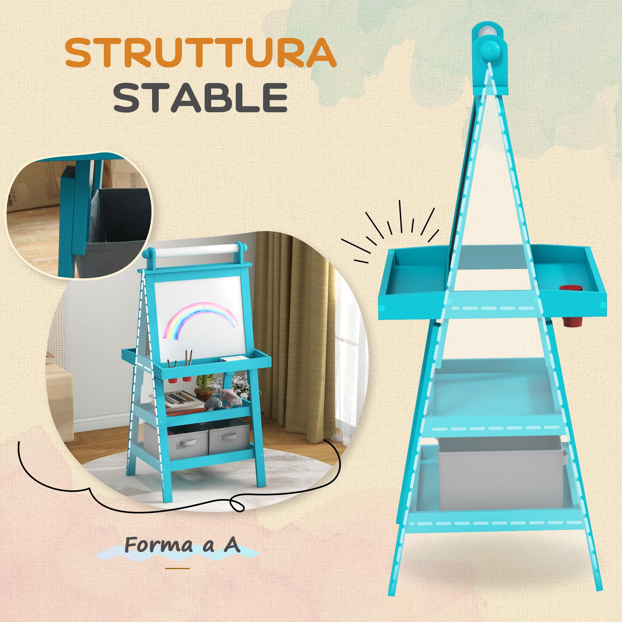 AIYAPLAY Lavagna per Bambini Cancellabile a Doppia Facciate con Rotolo di Carta e 2 Contenitori, Lavagna Magnetica Bianco, Nero con Cavalletto Artistico in Legno per Pittura e Regalo, 3-6 Anni, Blu