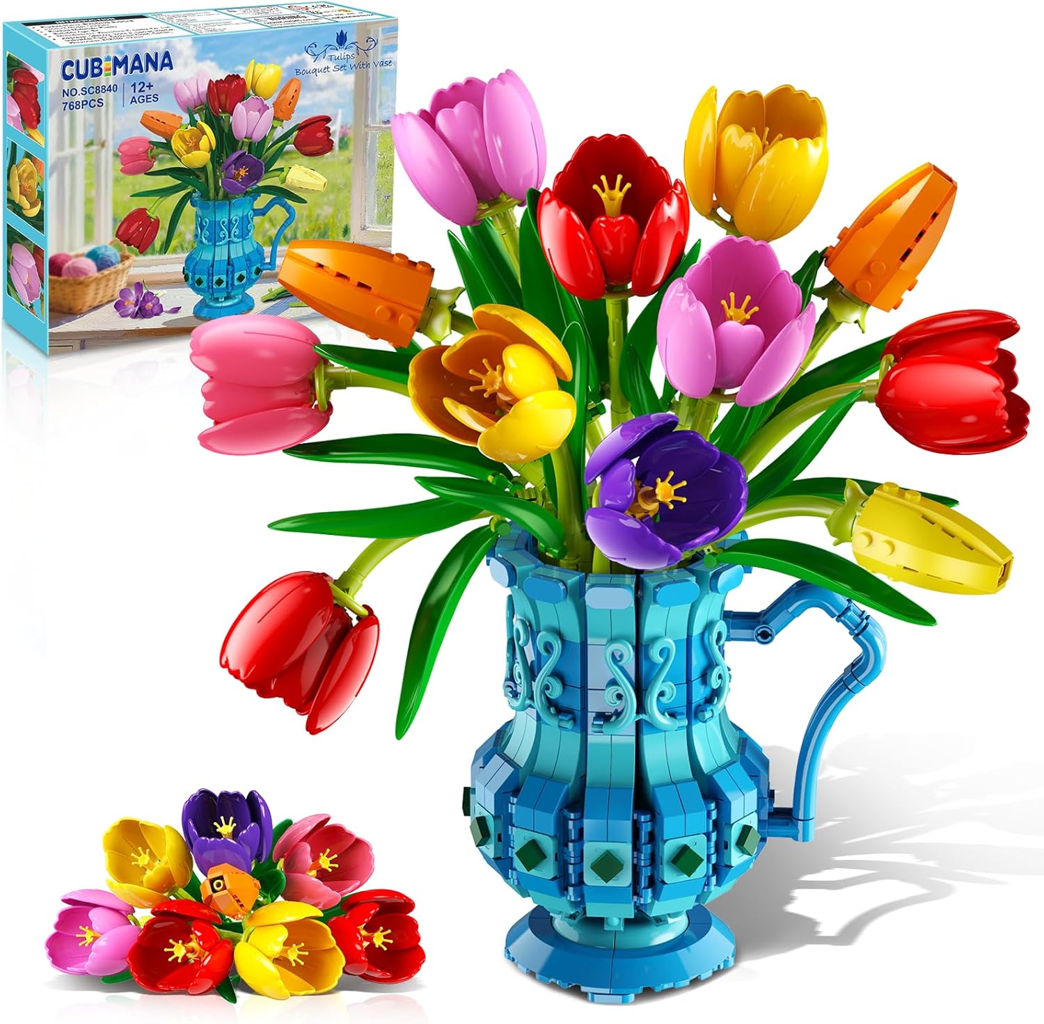 CUBIMANA Flower Bouquet Building Set with Vase - Botanicals Tulip Bonsai Building Toy for Adults Women, Gift for Mothers Day, Artificial Flowers for Her, 768 PCS Crafting Kit for Home & Office Decor