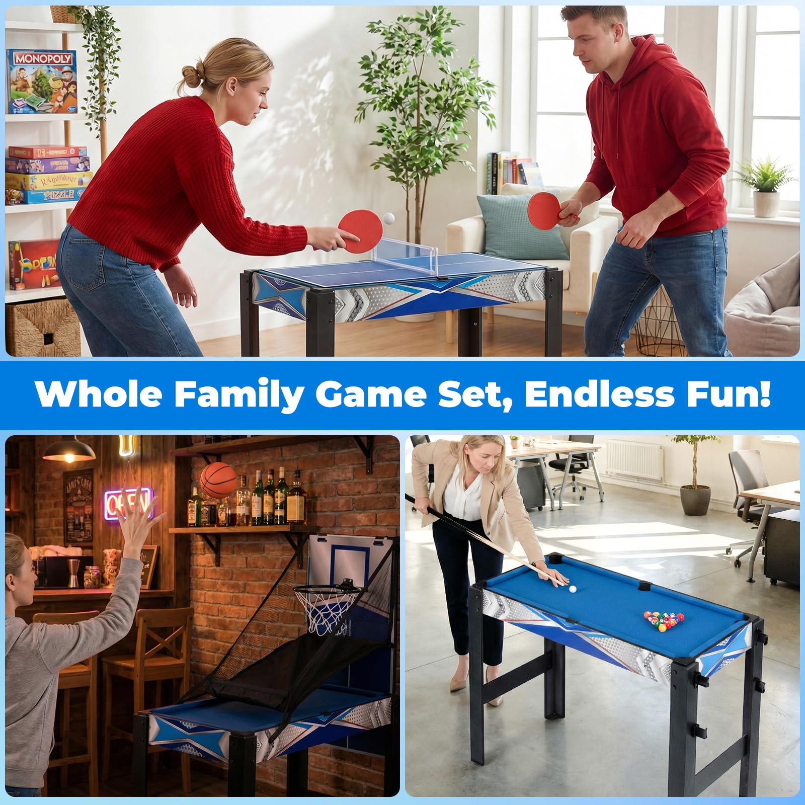 HOMASIS 6 en 1 Table Multi-Jeux avec Basket-Ball, Billard, Ping-Pong, Hockey, Jeu de Palets, Bowling, pour Enfants et Adulte, Table de Jeux pour Maison, Bar, Fêtes, Soirées