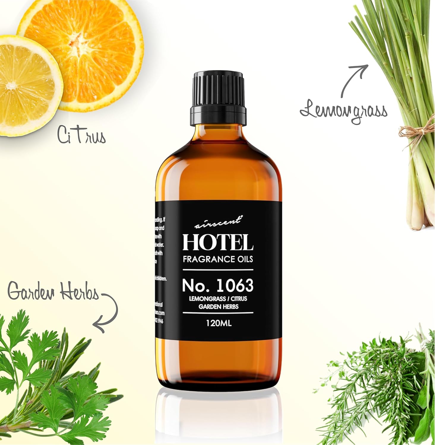 AirScent Hotel Diffuser Oil No. 1063 - Lemongrass Citrus Garden Herbs - Premium Fragrance Oil for Ultrasonic and Waterless Diffusers and Crafting - 120 mL, 4 fl oz Glass Dropper Bottle