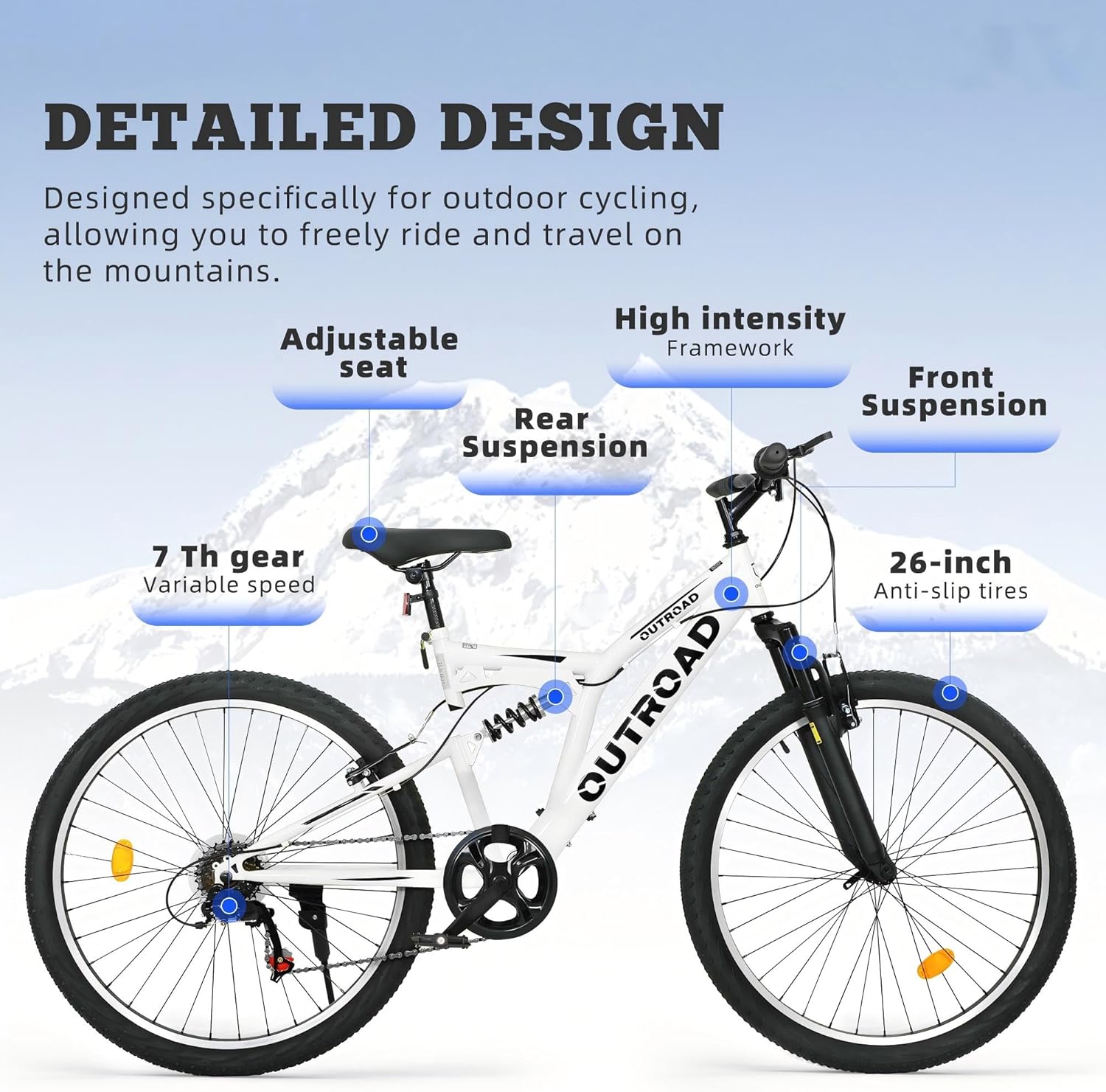 Crownland Outdoor Mountain Hybrid Bike, 26 Inch High Carbon Steel Frame Mountain Bikes, 7 Speed Adjustable MTB Bicycle with Suspension Fork for Men and Women