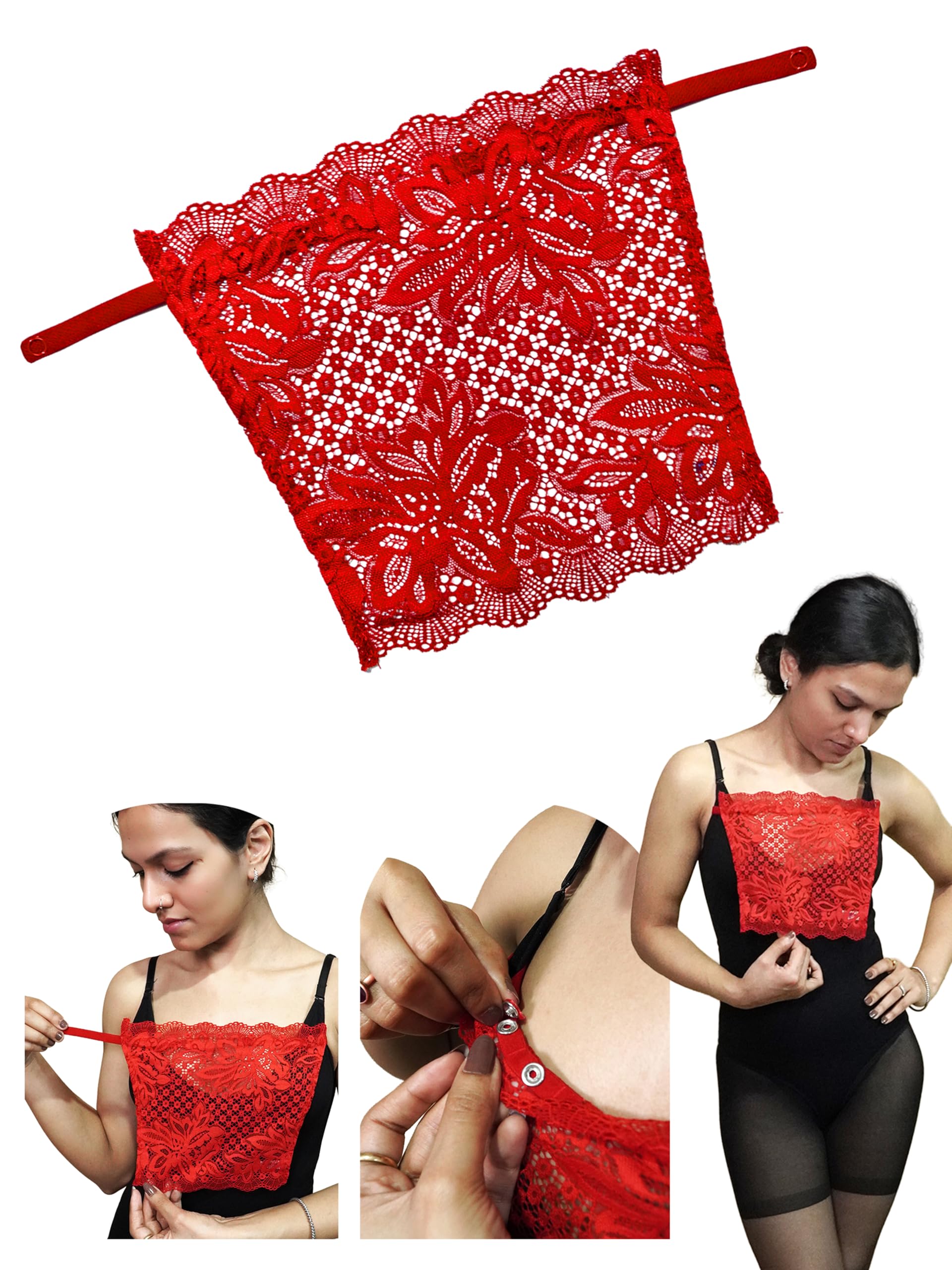 Lace Camisole Insert for Women - Red Deep Neck Cover Up with Adjustable Clip On Design, Elegant Cleavage Coverage for Dresses and Tops | Mockers-image-30