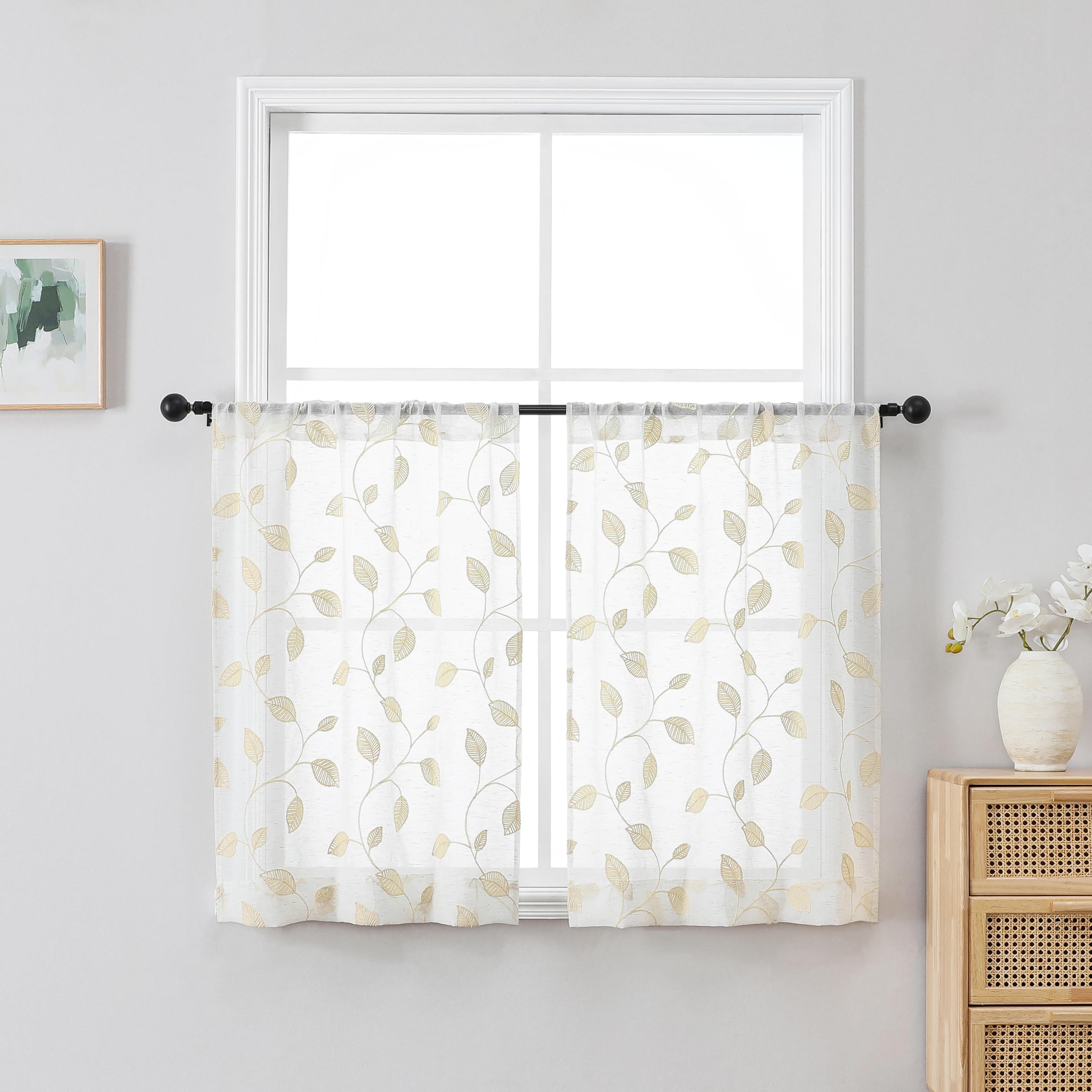 OVZME Sheer Curtains - Embroidered Leaf Drapes -2