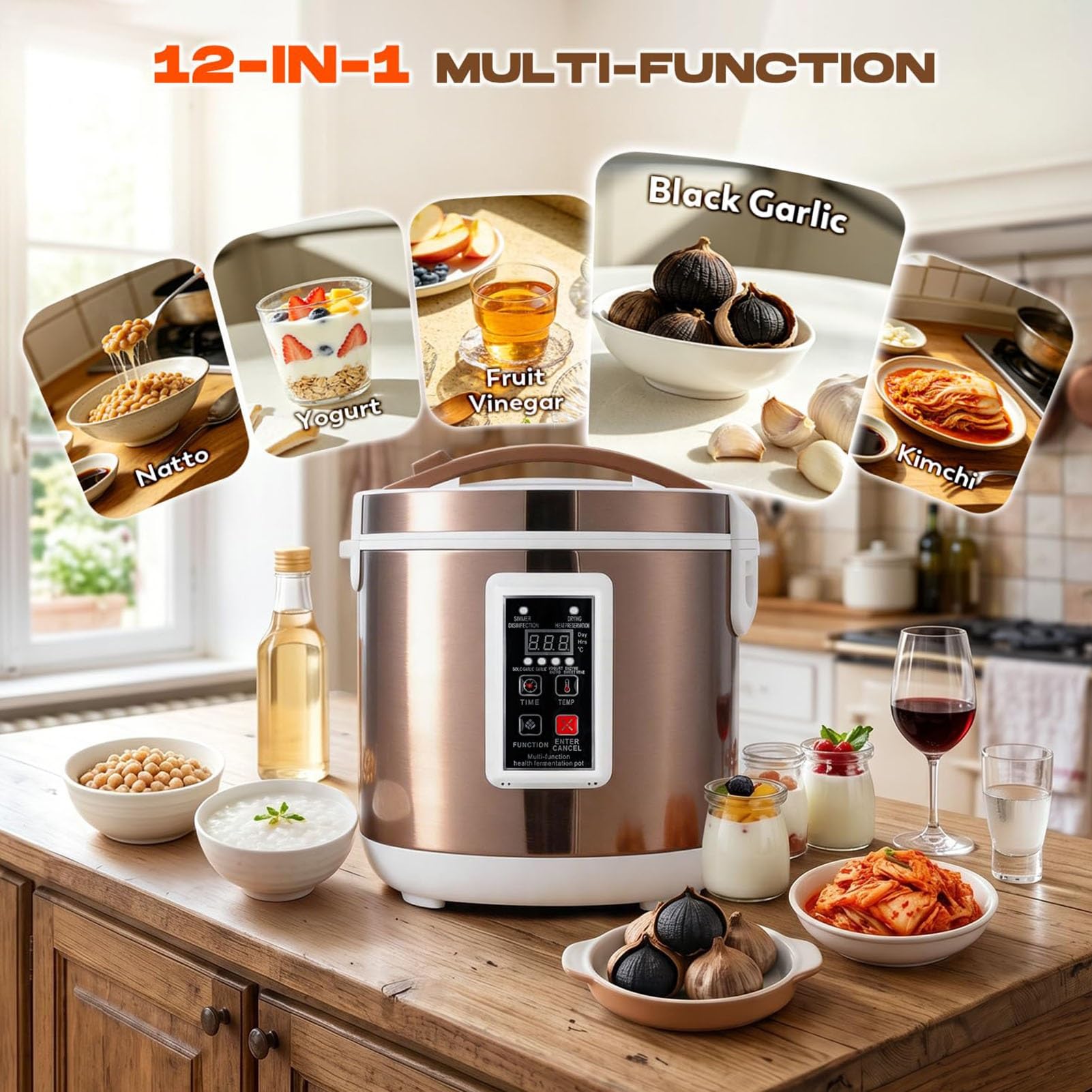 Fermentador Ajo Negro 7,5L,Interior Acero Inoxidable,Control Inteligente