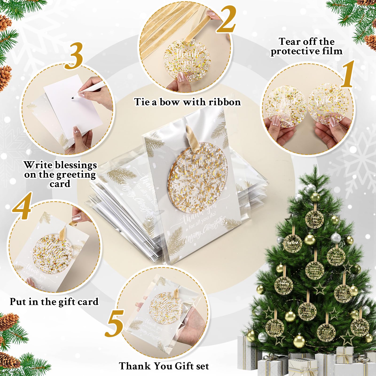 Kasyat Lot de 50 décorations de Noël à suspendre en acrylique doré - Cadeaux de remerciement pour employés, employés - Ornements de sapin de Noël avec cartes - Ornements de remerciement pour équipe,