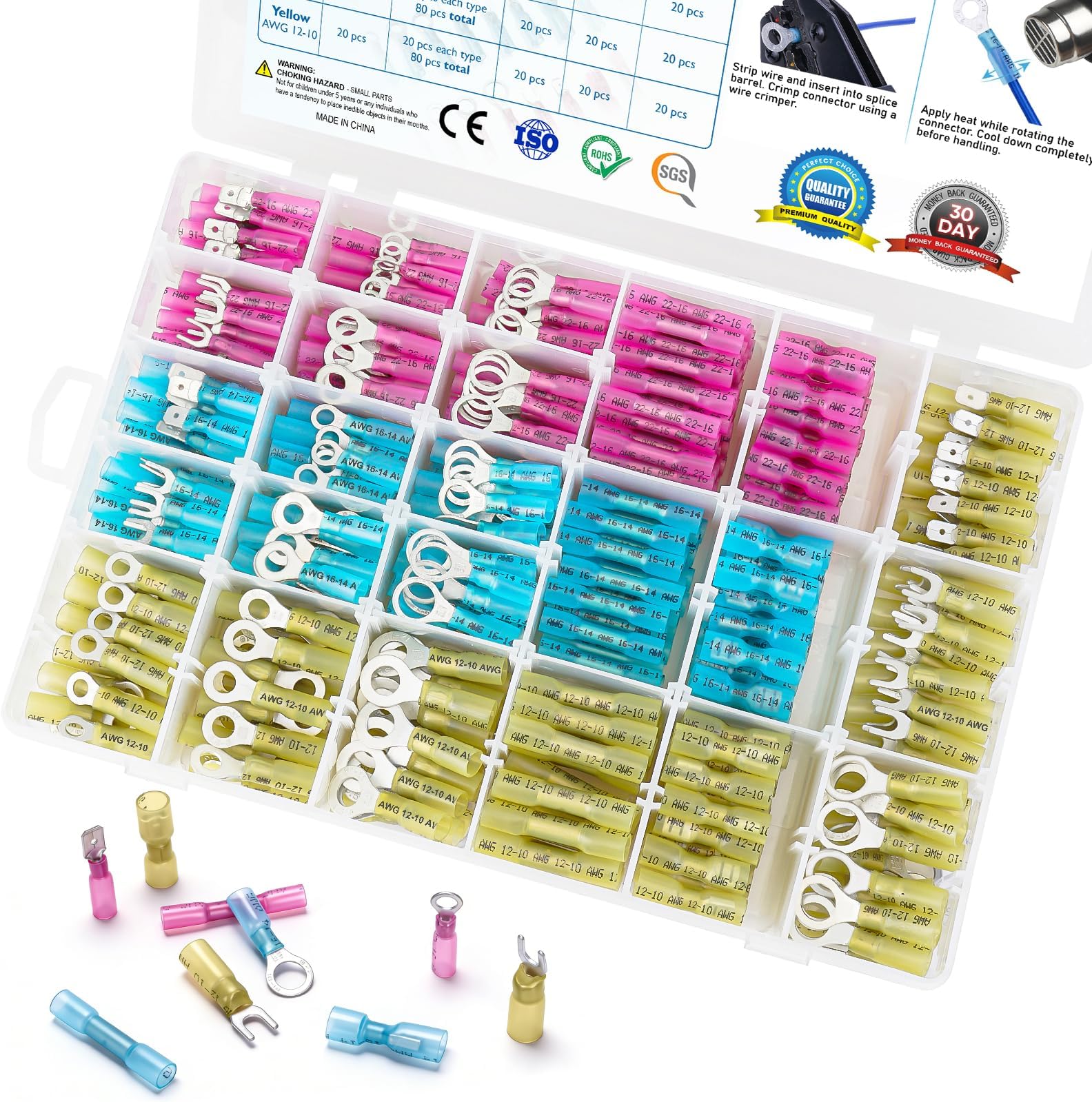 TICONN 500Pcs Heat Shrink Wire Connectors, Waterproof Automotive Marine Electrical Terminals Kit, Crimp Connector Assortment, Ring Fork Spade Butt Splices