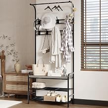 GarveeHome Hall Tree Shoe Bench, 4 in-1 Entryway Storage Bench with 8 Sturdy Hooks, Freestanding Coat Rack for Small Spaces, Apartments, Bedroom, Rustic Gray