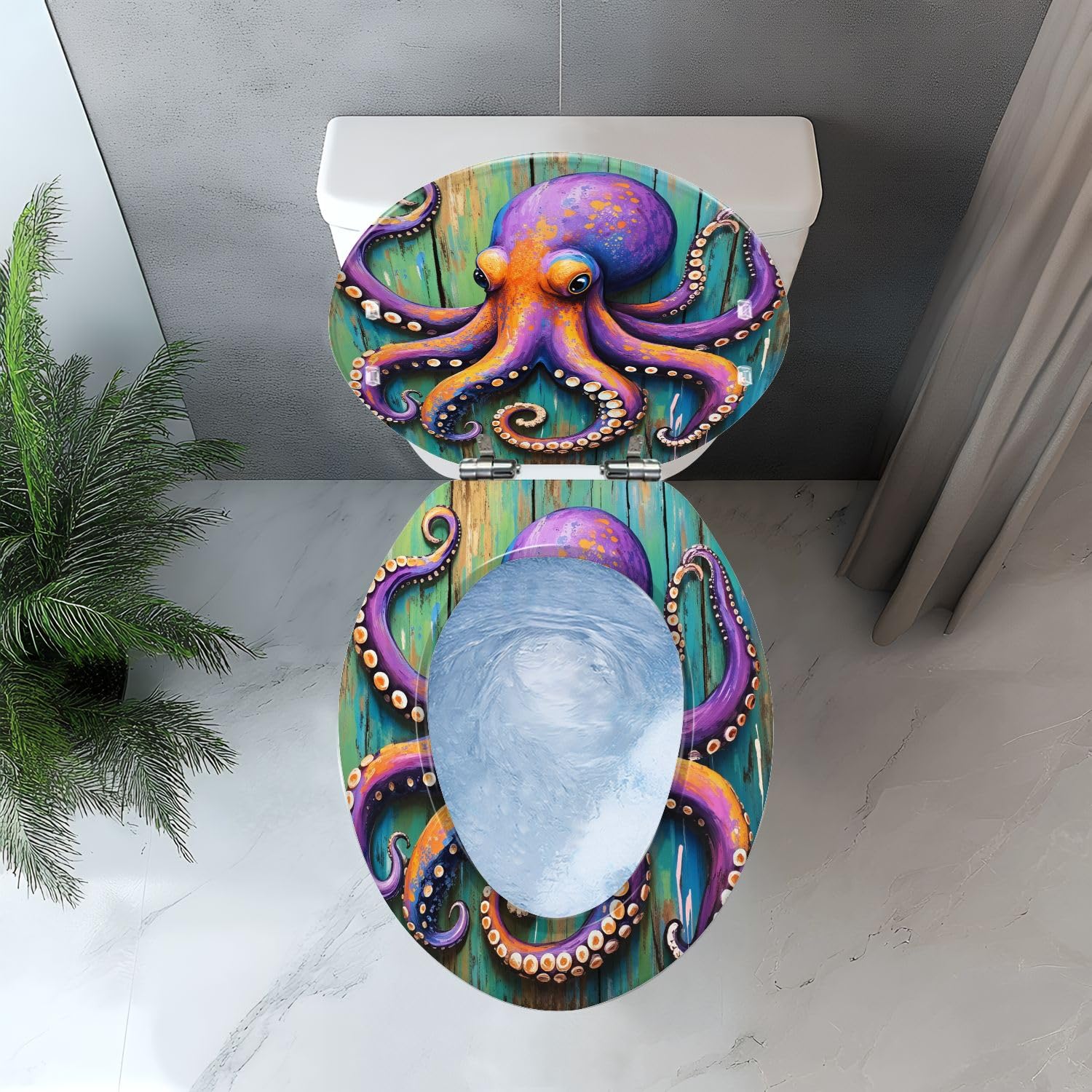 Asiento de inodoro alargado de resina con temática marina, de fácil liberación, para decoración de baño.