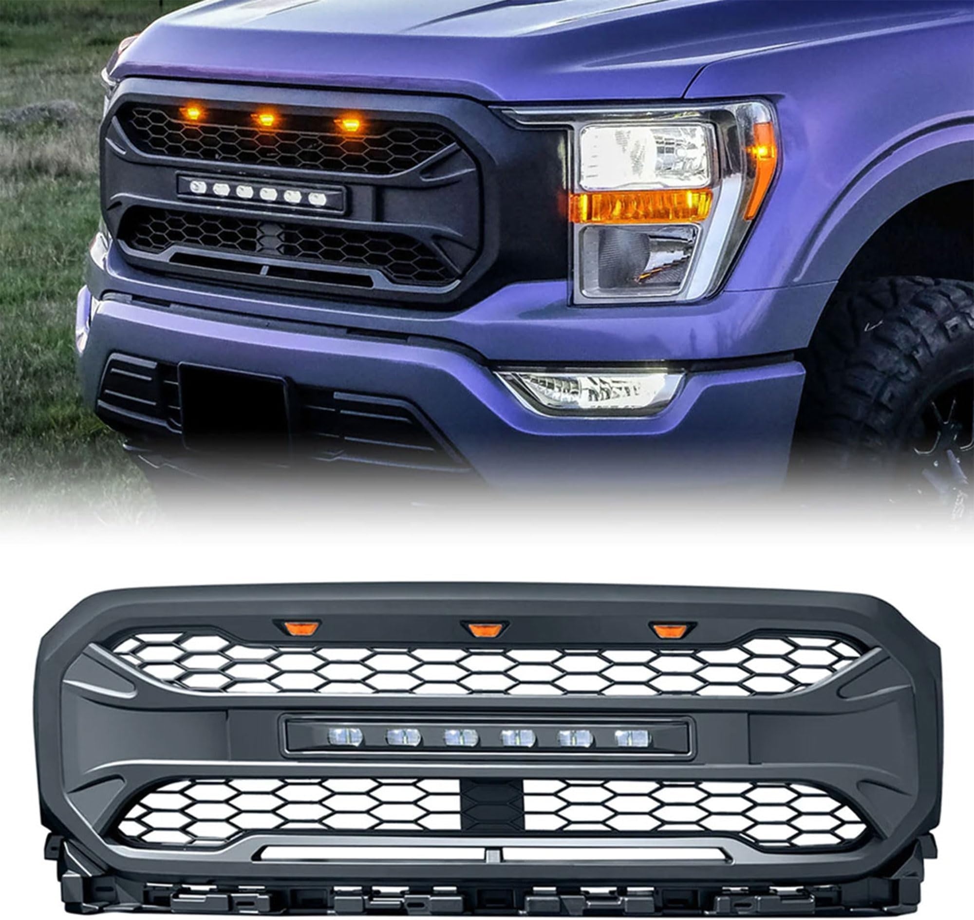 AM AMERICAN MODIFIED Front Grille Compatible with 2021-23 Ford F150, Replacement Mesh Grill with Off-Road Lights and w/o Camera Hole, Matte Black