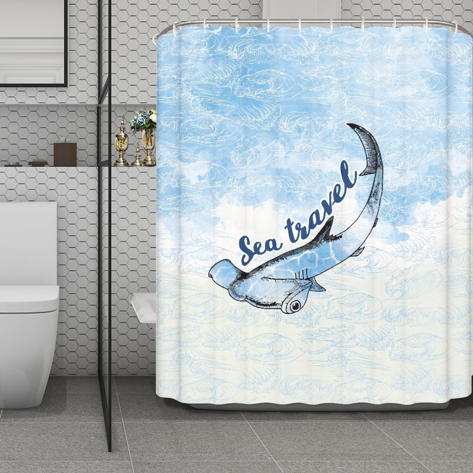 Rideau de douche poisson bleu ciel 180x220 en tissu polyester lavable