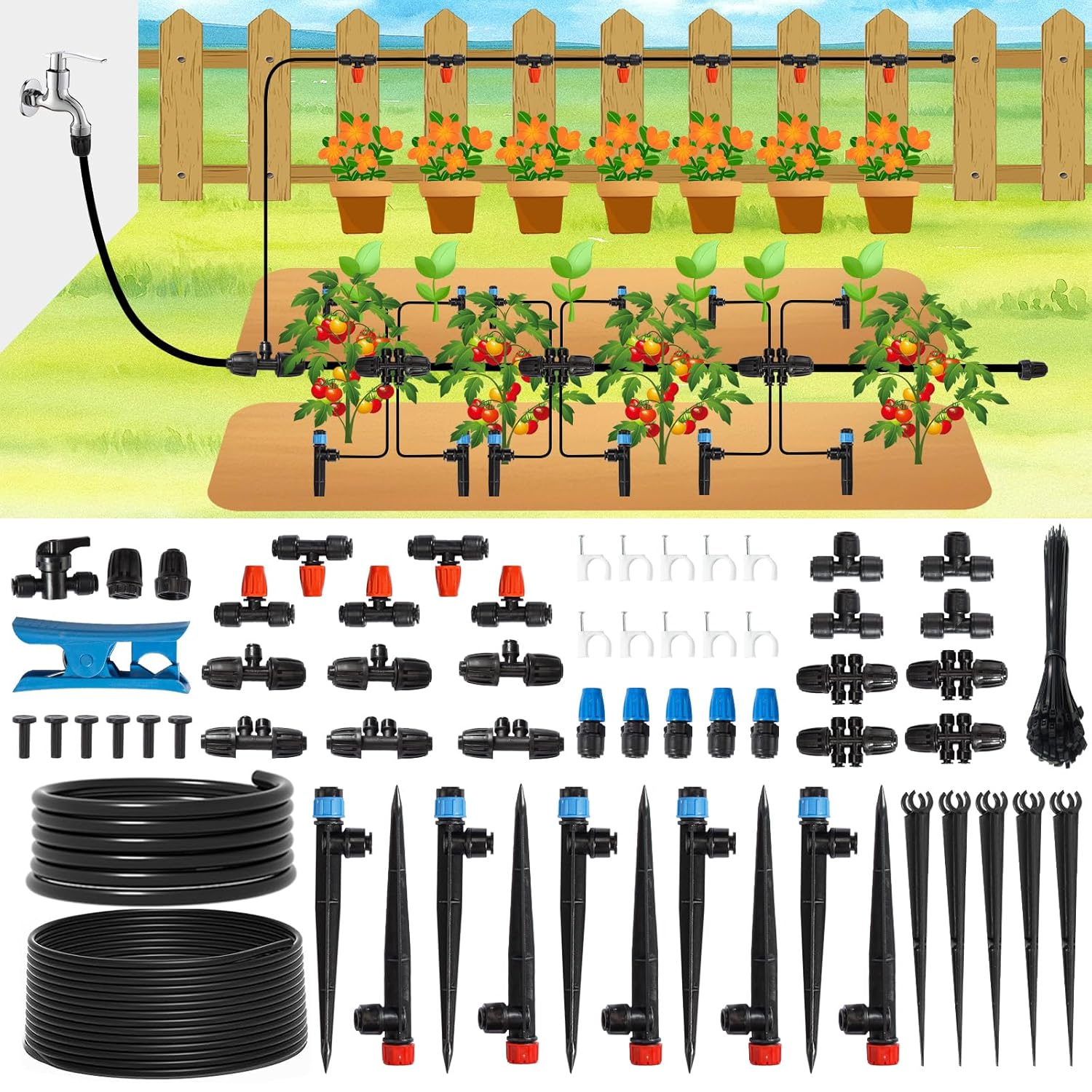 Drip Irrigation Kit Automatic Watering System 247FT Misting Sprinkler DIY Devices with 1/4" & 1/2" Tubing Hose, Adjustable Nozzle Emitters, Quick Connectors for Greenhouse, Garden, Patio