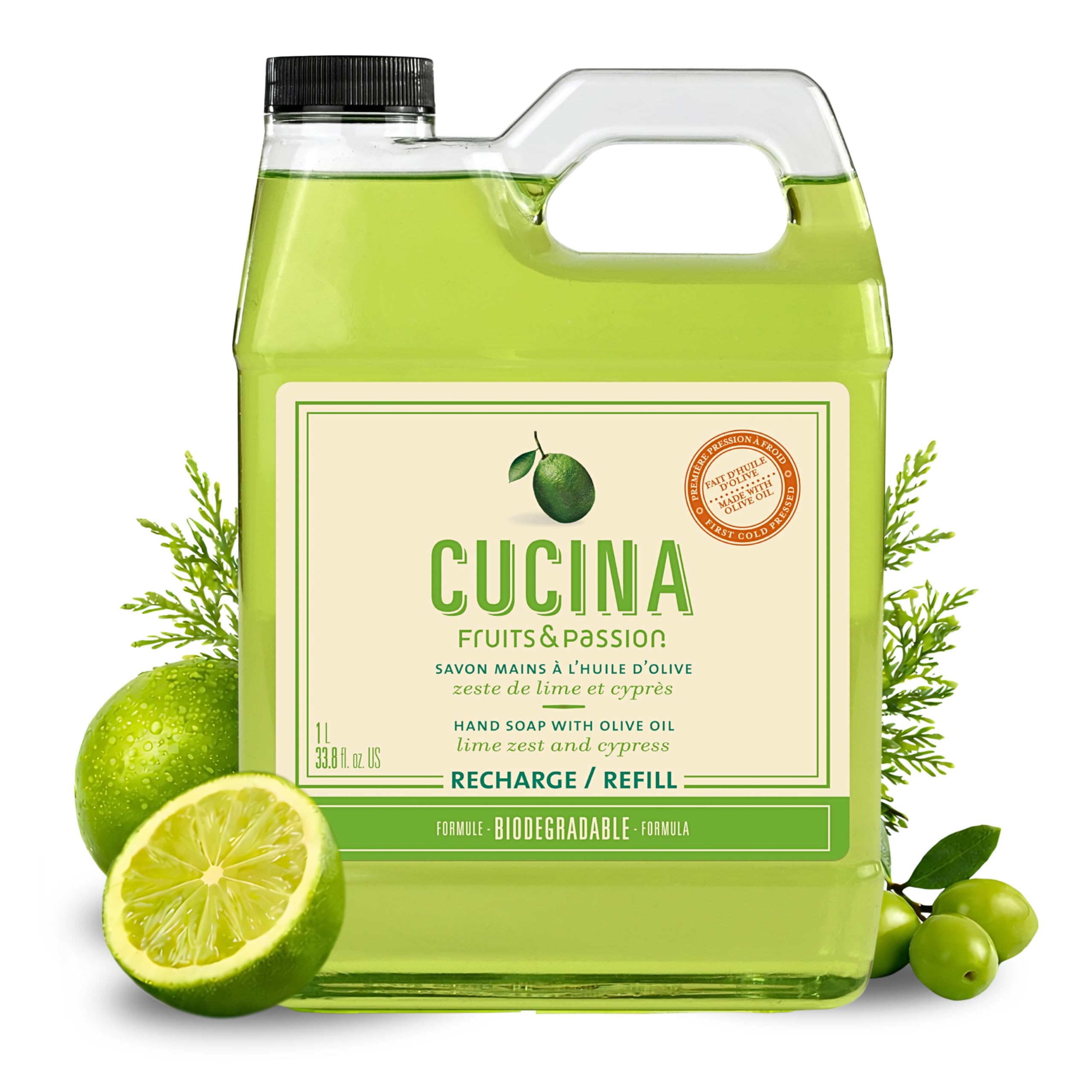 Fruits and Passion Cucina Hand Soap Refill, 1 Liter (33.8 oz), Lime Zest and Cypress, for Kitchen and Bathroom, Liquid Hand Soap with Olive Oil, Vegan Natural Formula
