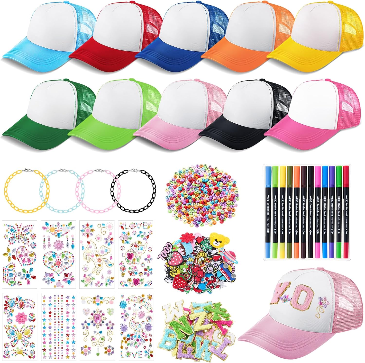 112 Pcs DIY Trucker Hat Decorating Kit, 10 Blank Baseball Caps with Stickers Patches Chains Chenille Letters Beads Pens(Classic)