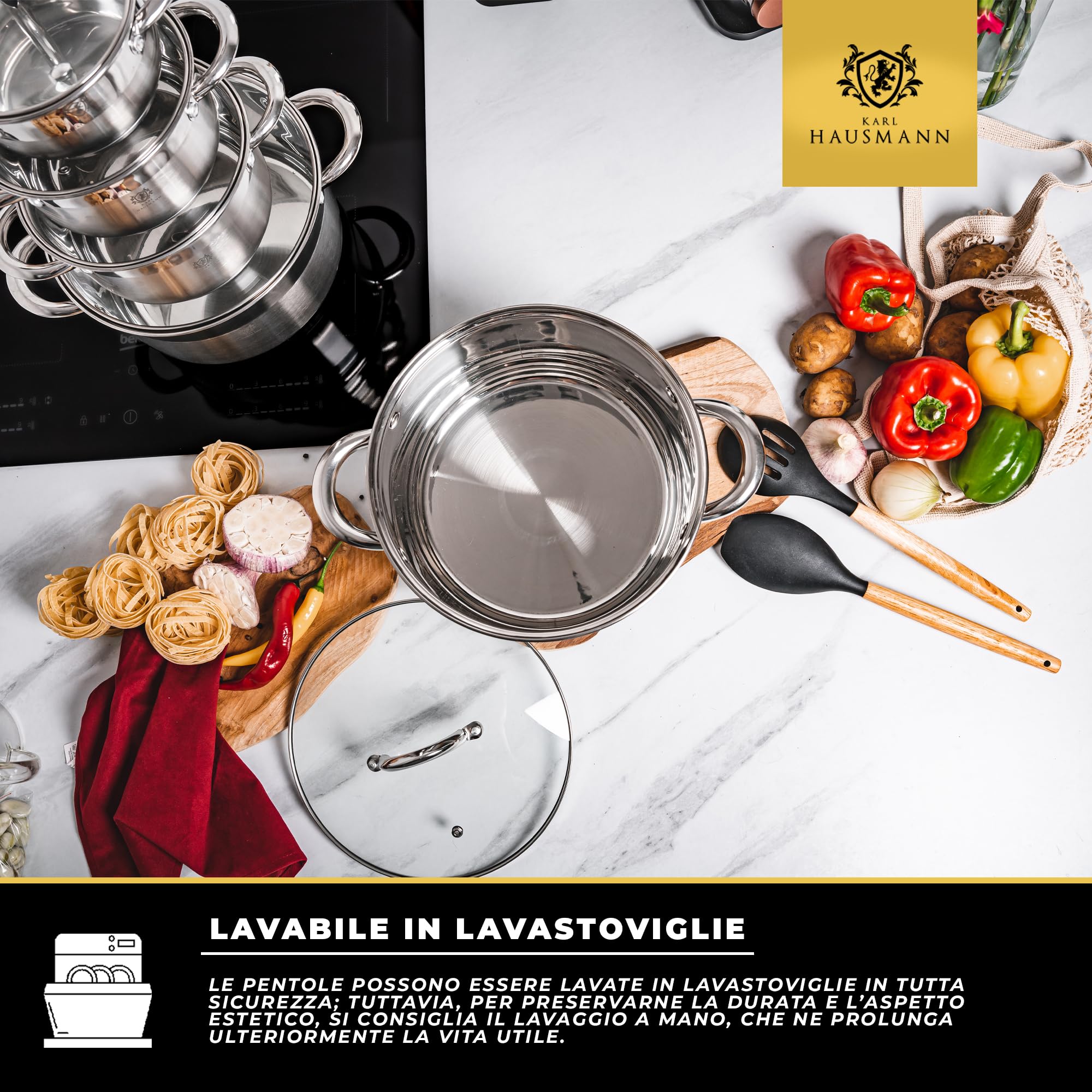 KARL HAUSMANN Pentola Acciaio Inox - 1.3L - 14 cm - Casseruola Induzione con Coperchio Vetro - Pentola Inox 18/0 - Scala Misura - Per Tutti i Fuochi - Pentole Acciaio Inossidabile