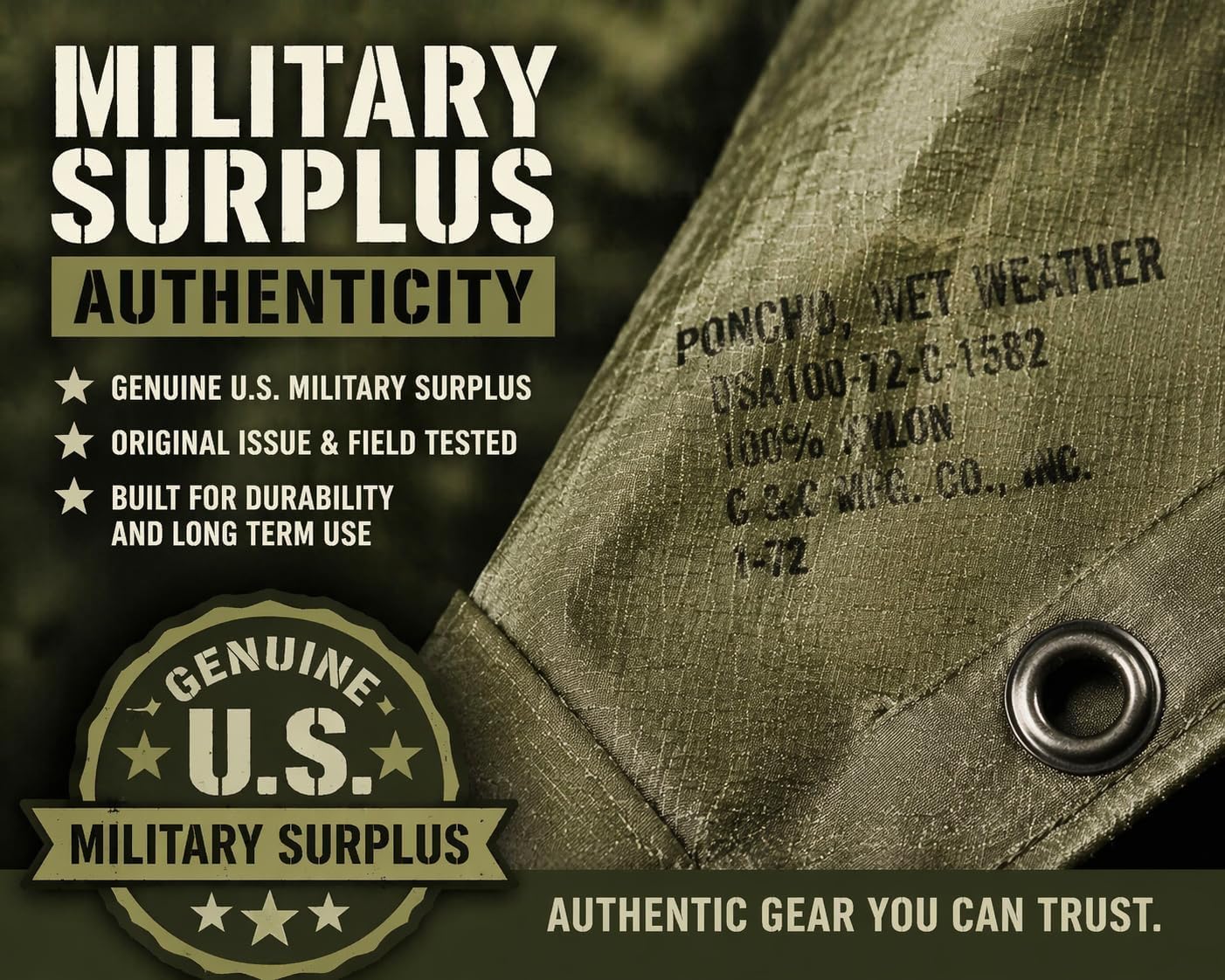 Genuine U.S. Military Poncho Waterproof Rain Gear – Tactical Poncho for Camping Hiking Survival Emergency Shelter Heavy Duty Ripstop NSN 8405-01-547-2555 – Previously Issued Military Surplus
