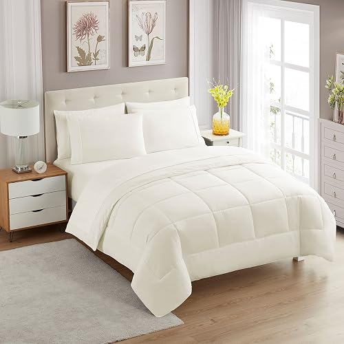 Sweet Home Collection 7 Piece Comforter Set Bag Solid Color All Season Soft Down Alternative Blanket & Luxurious Microfiber Bed Sheets, Ivory, Twin