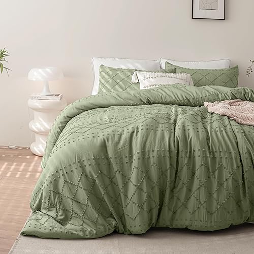 ELNIDO QUEEN Juego de edredón bohemio copetudo tamaño matrimonial, juego de edredón suave de 3 piezas verde salvia para todas las estaciones, juegos