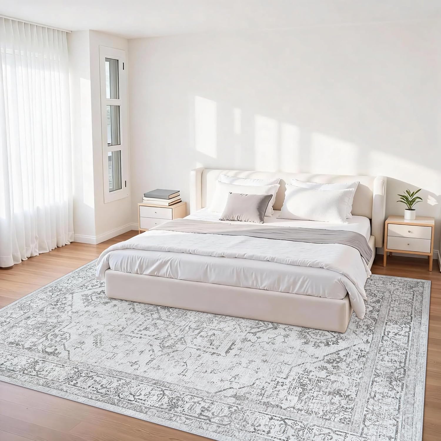 5x7 Area Rugs for Bedroom:Gray Washable Vintage Medallion Rug Non-Slip Soft Low Pile Large Rugs Indoor Retro Carpet for Living Room Kitchen Nursery Dining Table Office (Gray, 5'x7') thumbnail