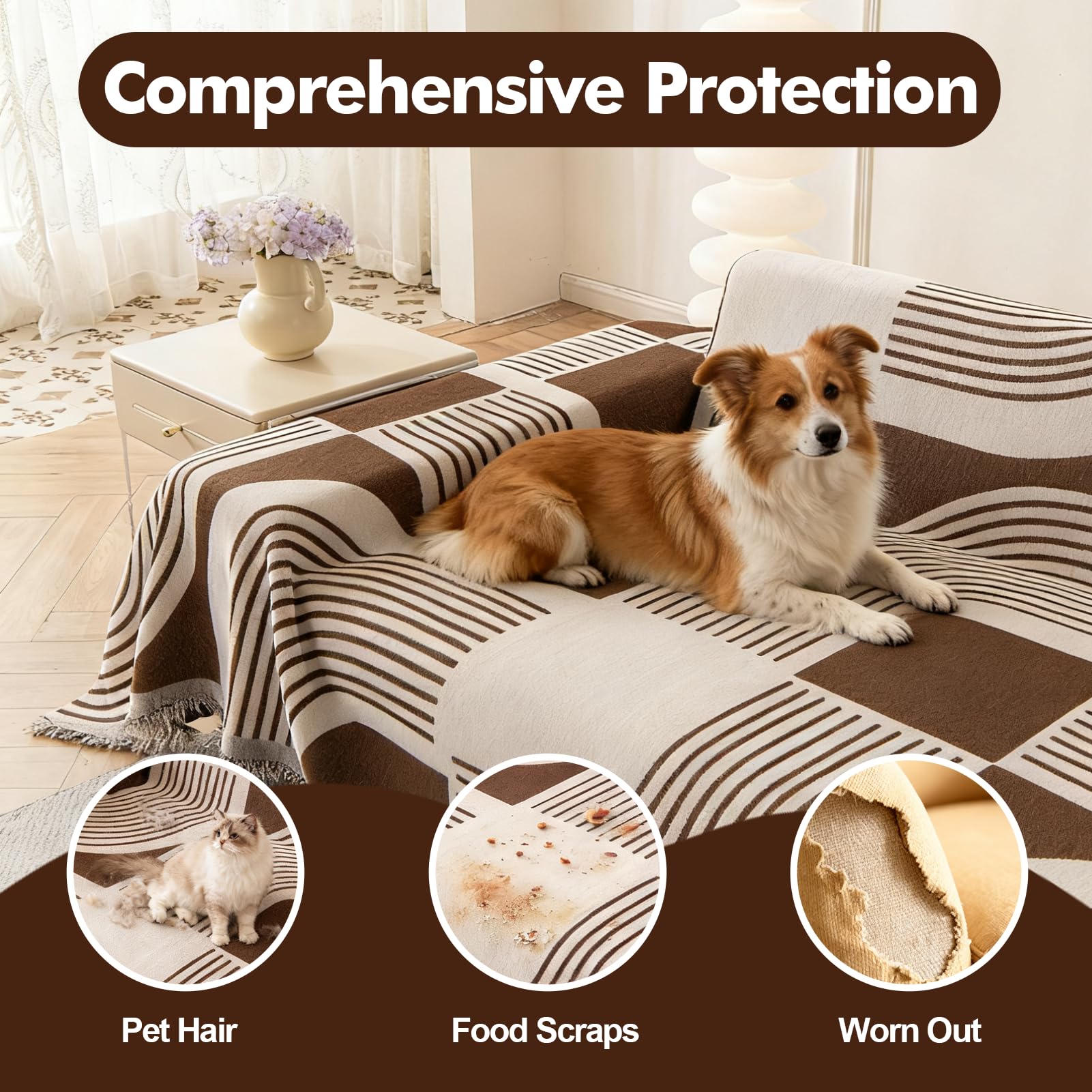 WEYOND Sofa überzug für L-Form Sofas, 180 x 300 cm + 180 x 340 cm, Kaffee | Chenille Sofa Überwurf, Waschbare Bohemian Couch Überzug, Sofaschutz Hund mit Recamiere-Bezug für Ecksofas