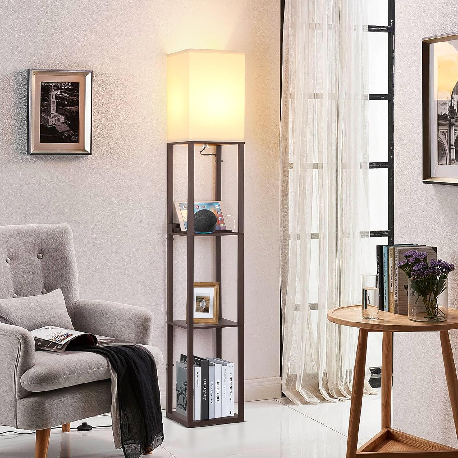 FOLKSMATE Touch Control Shelf LED Floor Lamp with Shelves, Charging USB, Type C Port and Power Outlet, Dimmable Standing Lamp for Living Room, Bedroom