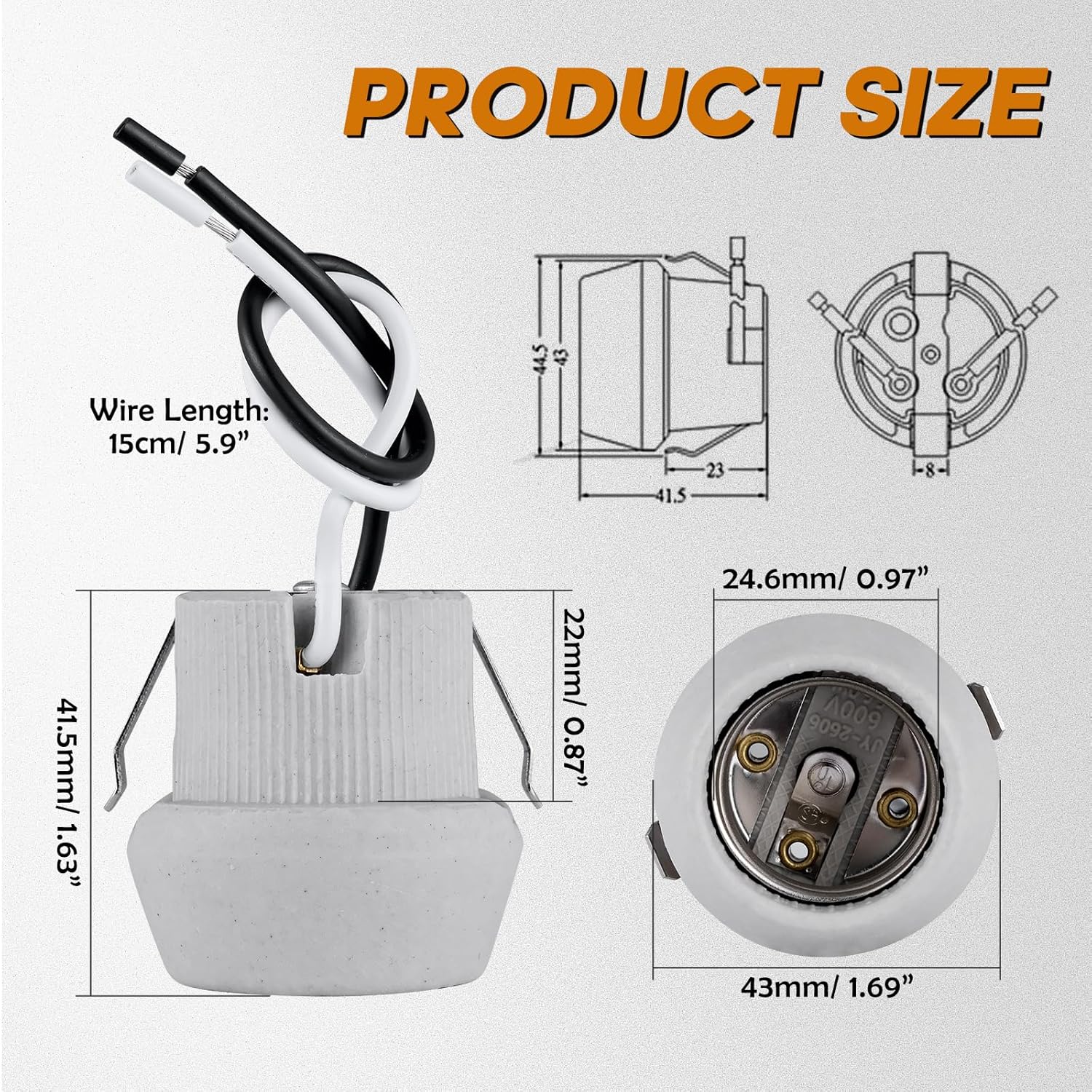 E26 Porcelain Keyless Light Socket,Heat Resistant Socket with Double Snap-in Clip Embedded UL Listed Screw Lamp Holder (4)