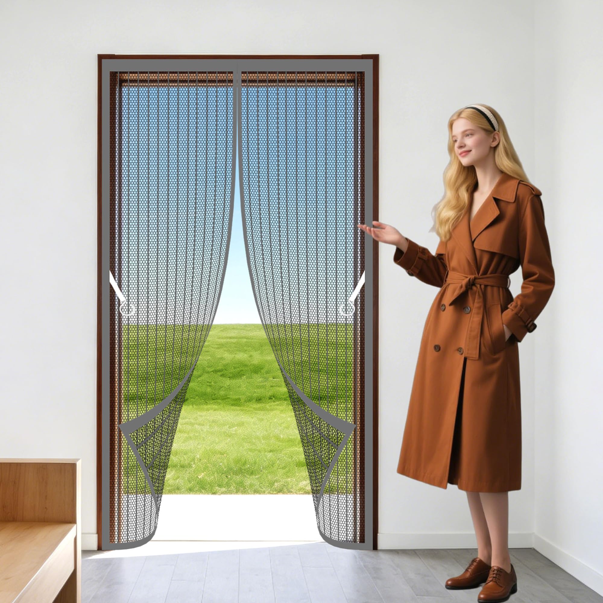 Door Screen 131 x 273 cm Powerful Magnets Insect Protection Screen Keep Bugs Out Lets Fresh Air for Home, Bedroom, Living Room, Kitchen, Patio, Grey